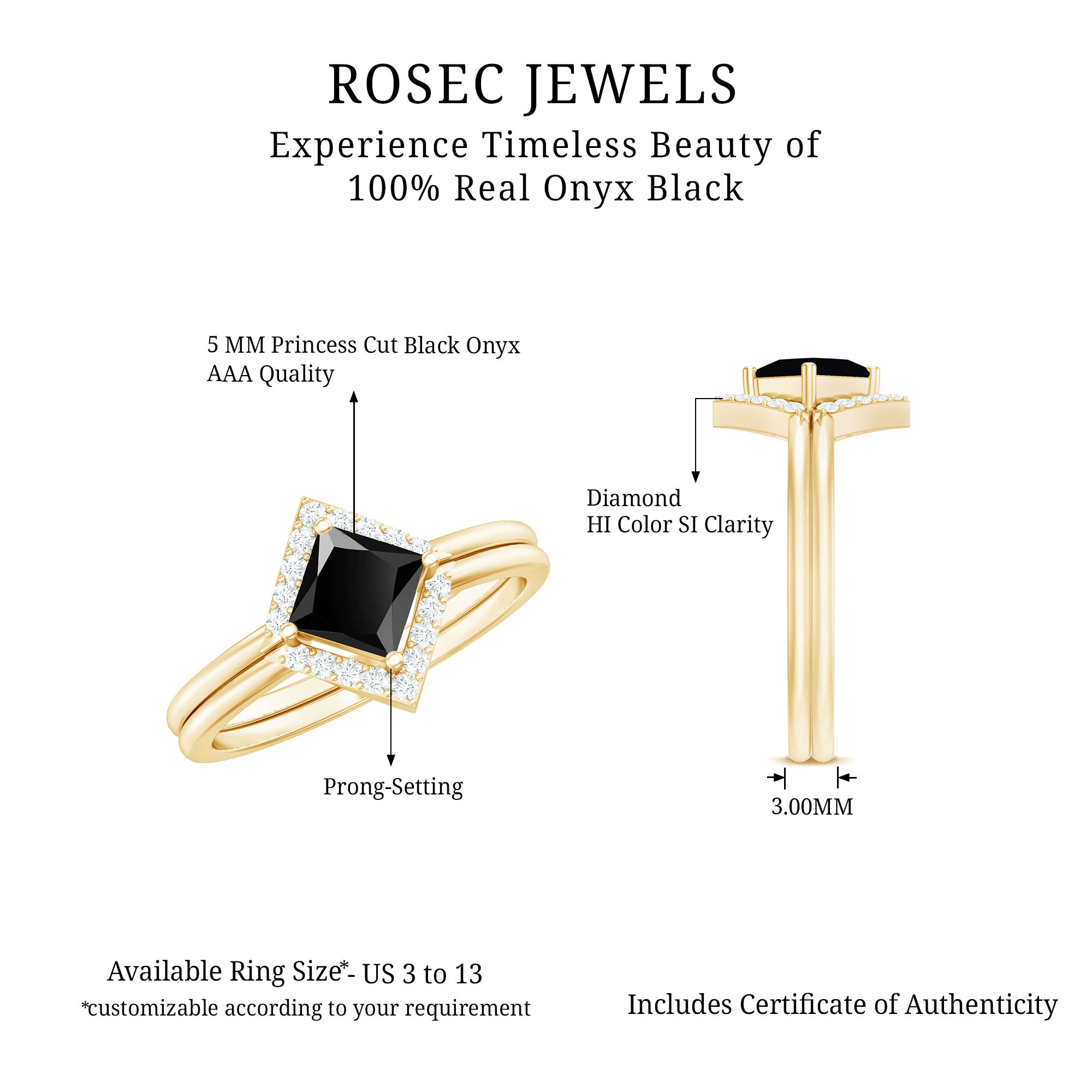 Rosec Jewels-Real Black Onyx and Diamond Princess Cut Engagement Ring With Ring Guard