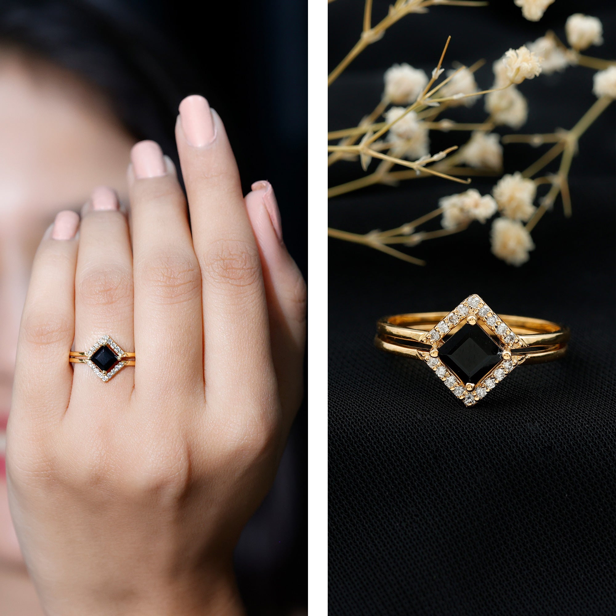 Rosec Jewels-Real Black Onyx and Diamond Princess Cut Engagement Ring With Ring Guard