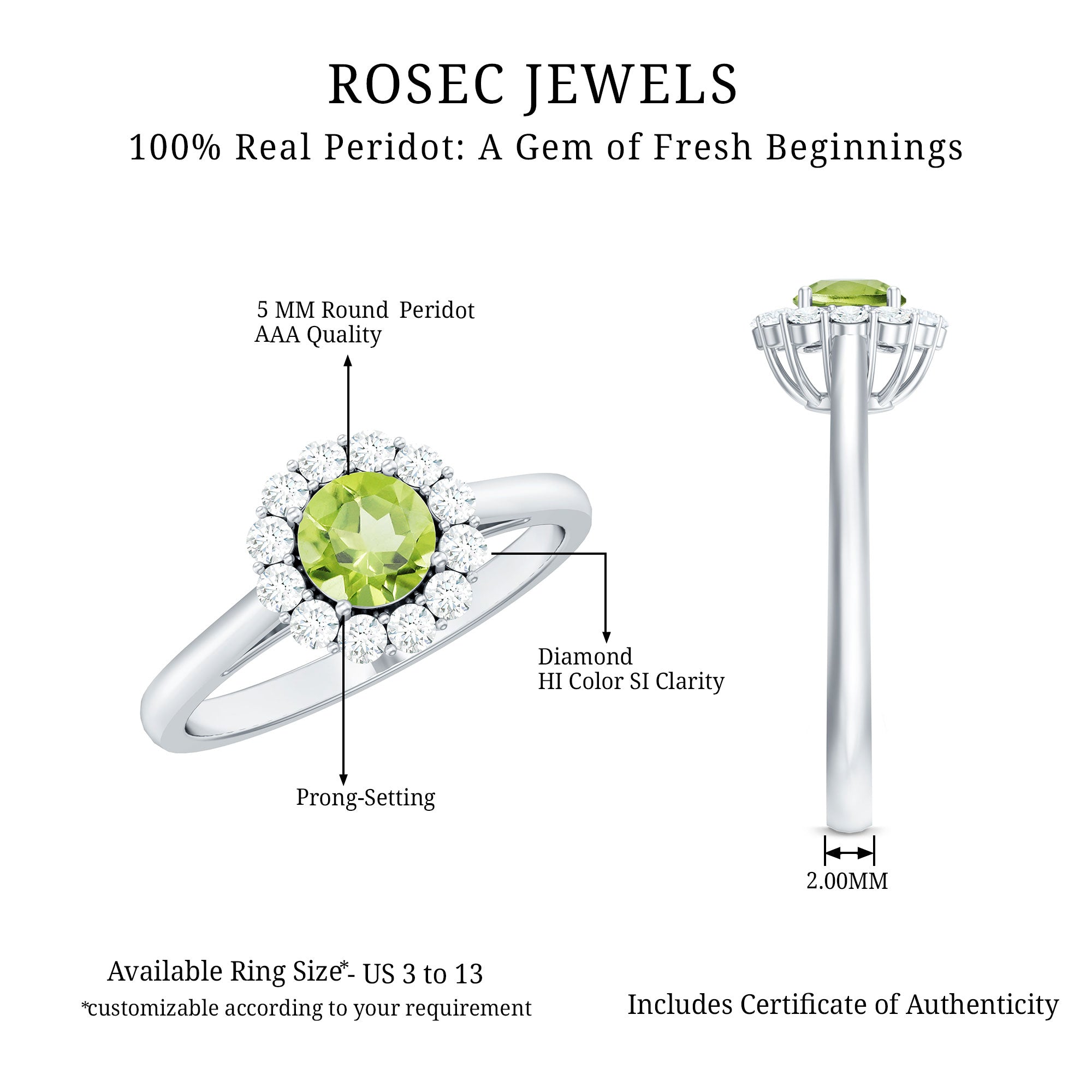 Natural Half Carat Peridot Engagement Ring with Diamond Halo AAA - Rosec Jewels