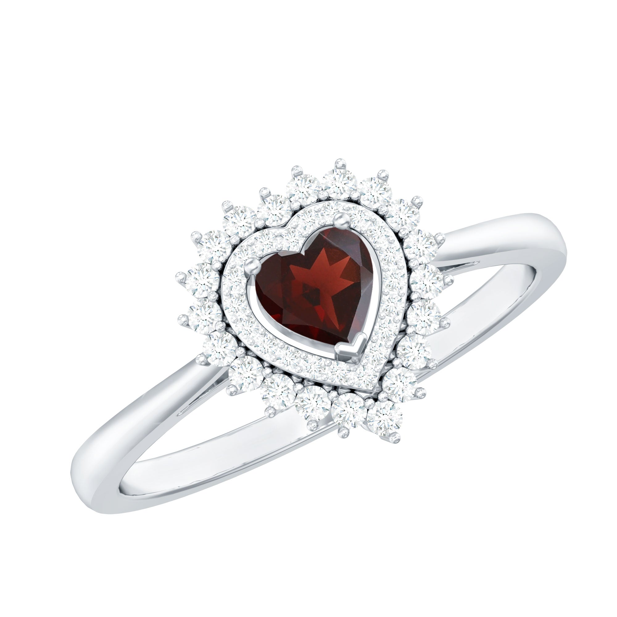 Real Garnet Heart Shaped Engagement Ring with Diamond Double Halo