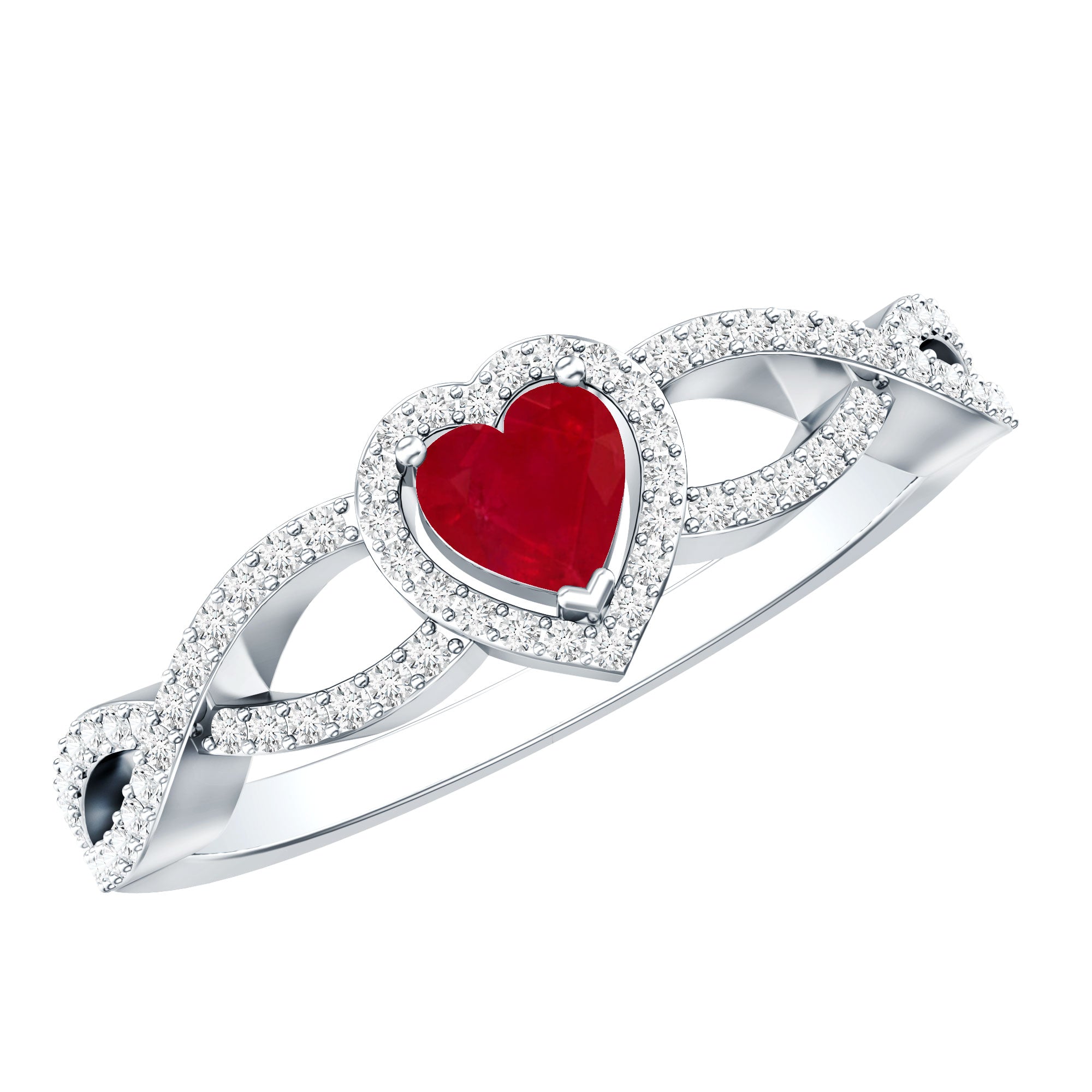 Natural Ruby Heart Promise Ring with Diamond Crossover Shank AAA - Rosec Jewels