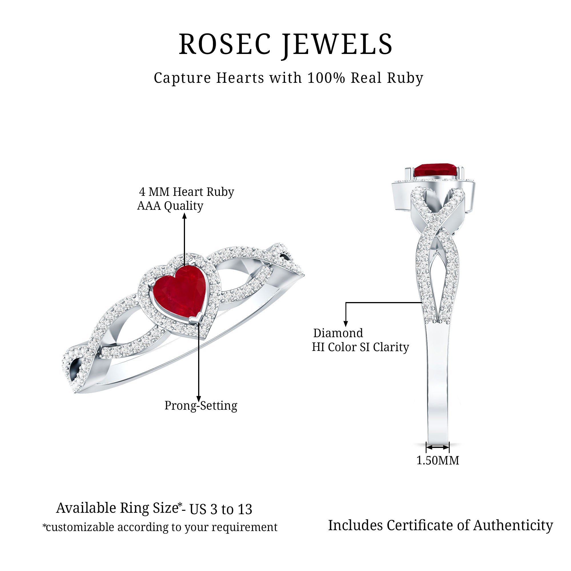 Natural Ruby Heart Promise Ring with Diamond Crossover Shank AAA - Rosec Jewels