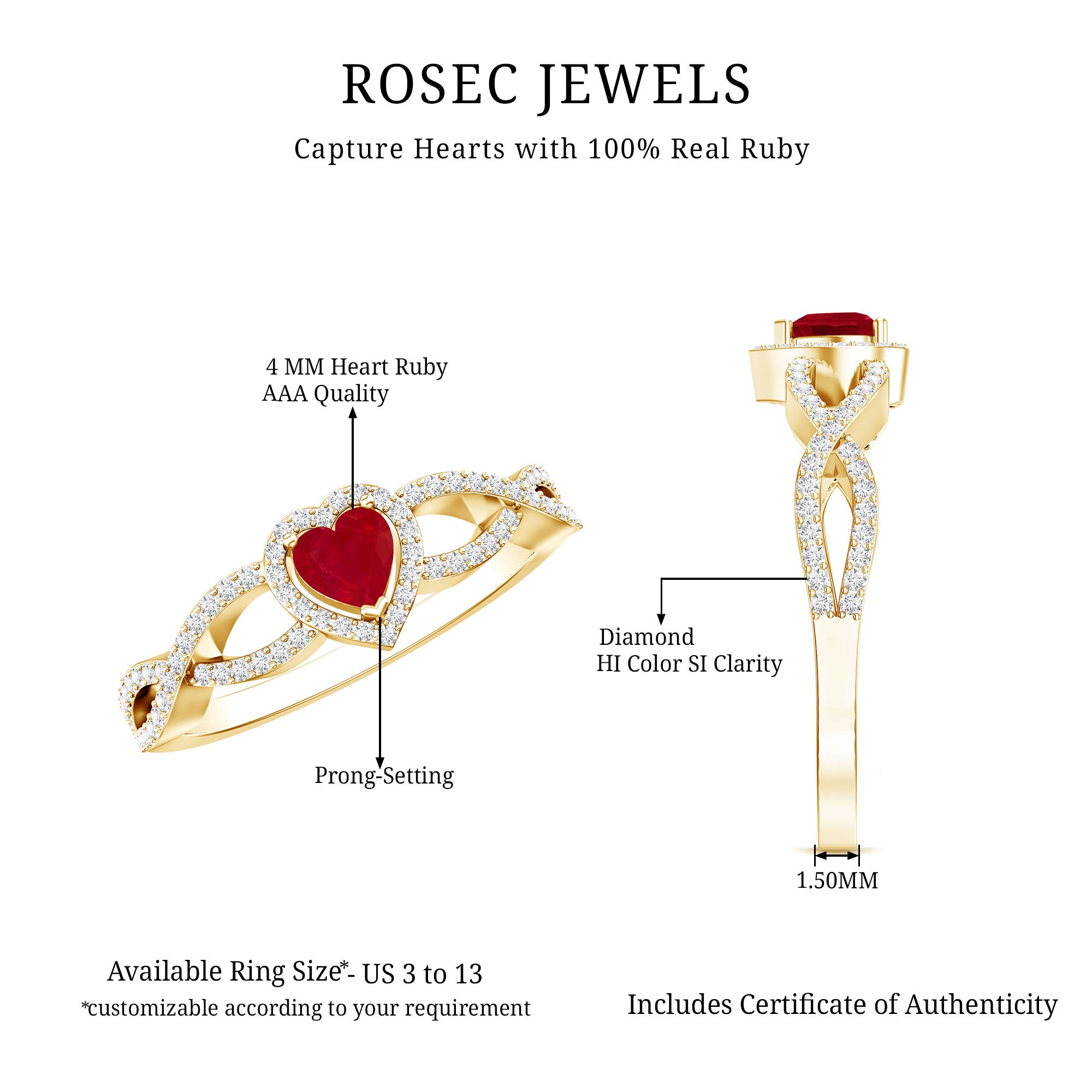Natural Ruby Heart Promise Ring with Diamond Crossover Shank AAA - Rosec Jewels