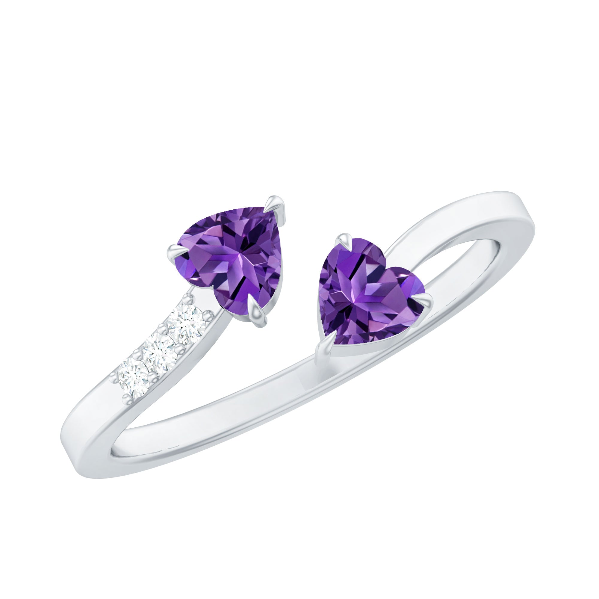 Natural Amethyst 2 Stone Heart Promise Ring with Diamond AAA - Rosec Jewels
