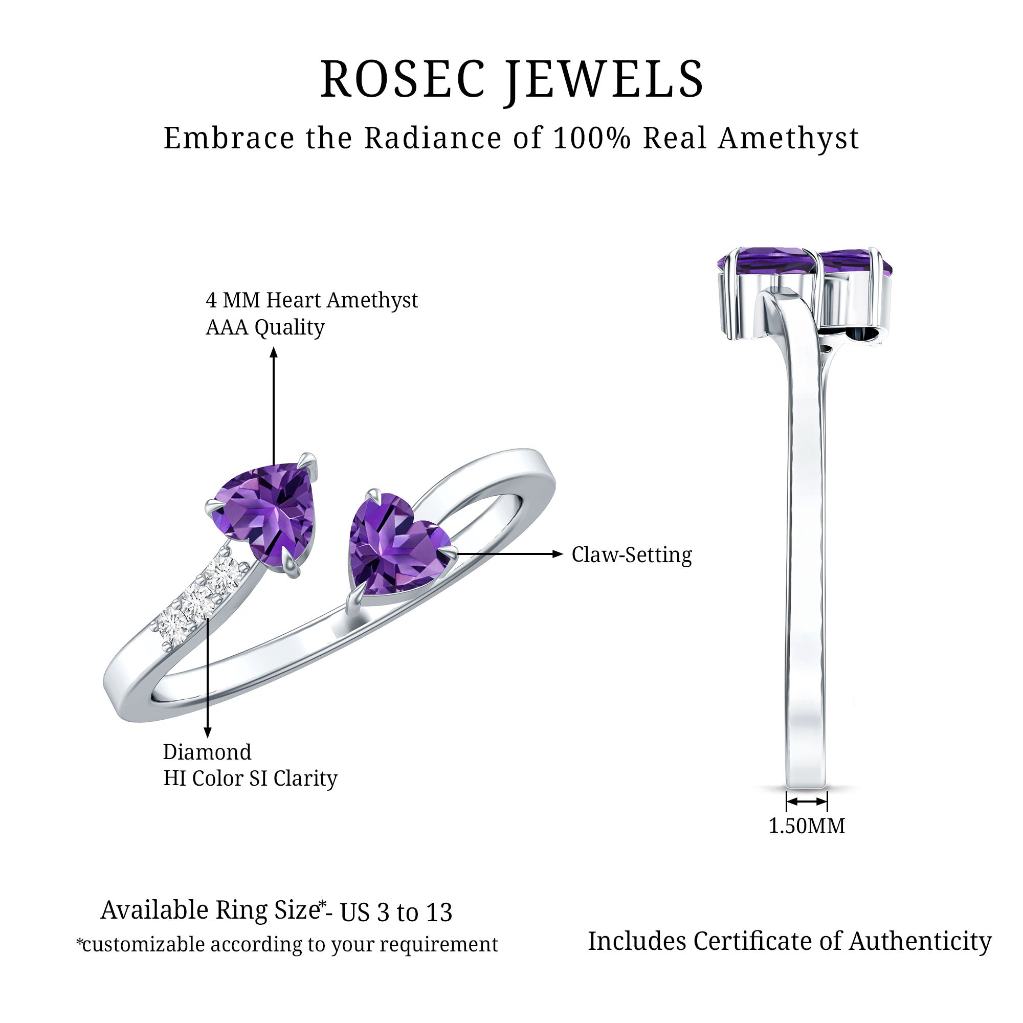 Natural Amethyst 2 Stone Heart Promise Ring with Diamond AAA - Rosec Jewels