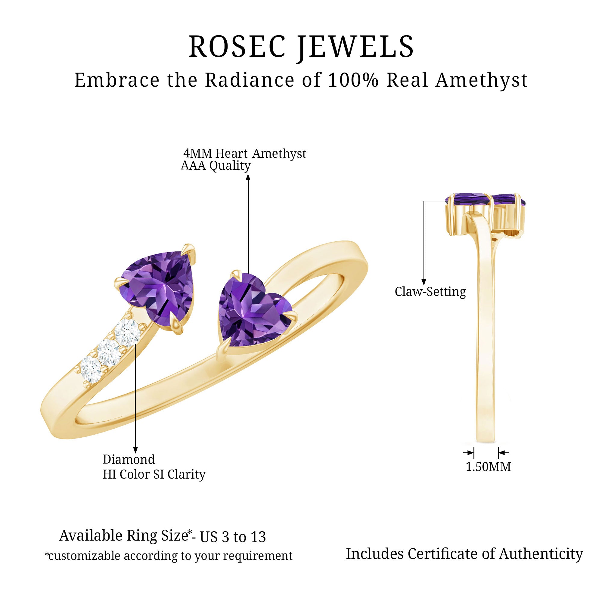Natural Amethyst 2 Stone Heart Promise Ring with Diamond AAA - Rosec Jewels