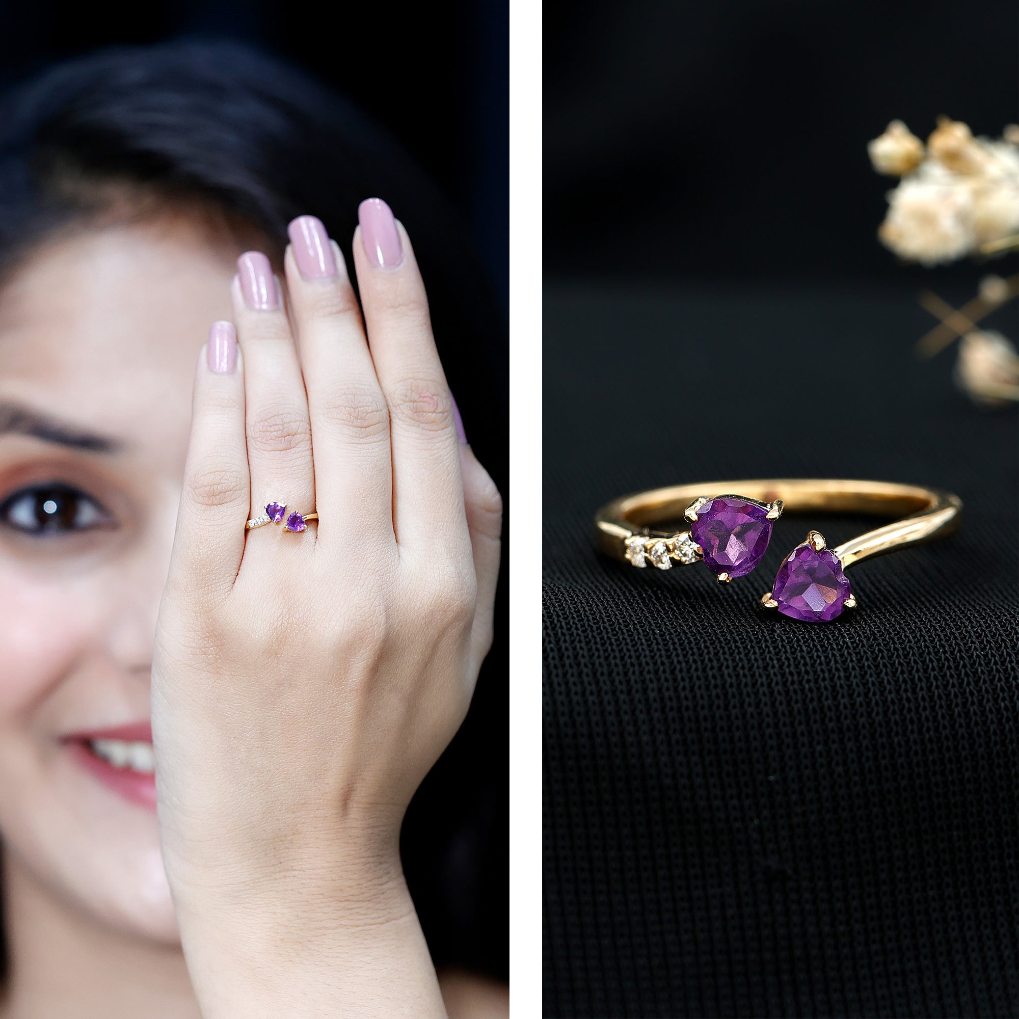 Natural Amethyst 2 Stone Heart Promise Ring with Diamond AAA - Rosec Jewels