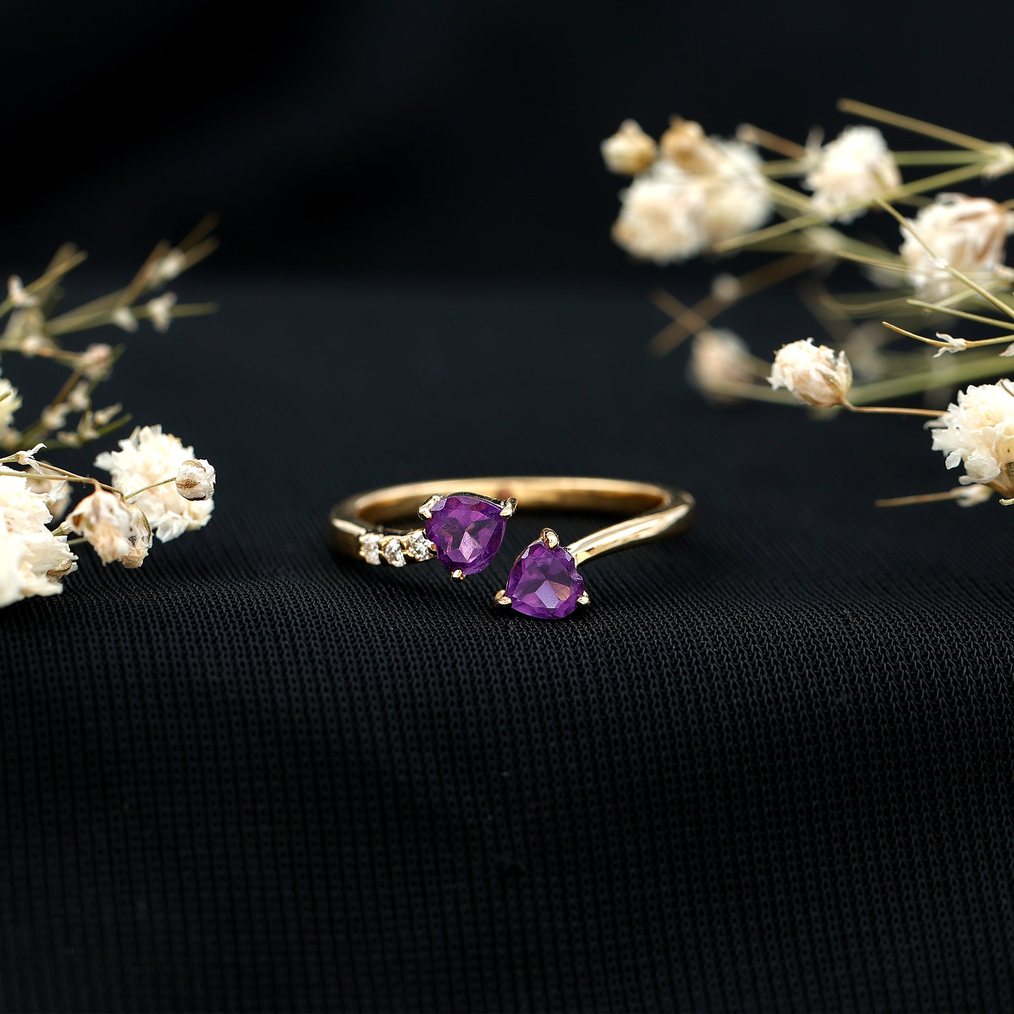 Natural Amethyst 2 Stone Heart Promise Ring with Diamond AAA - Rosec Jewels