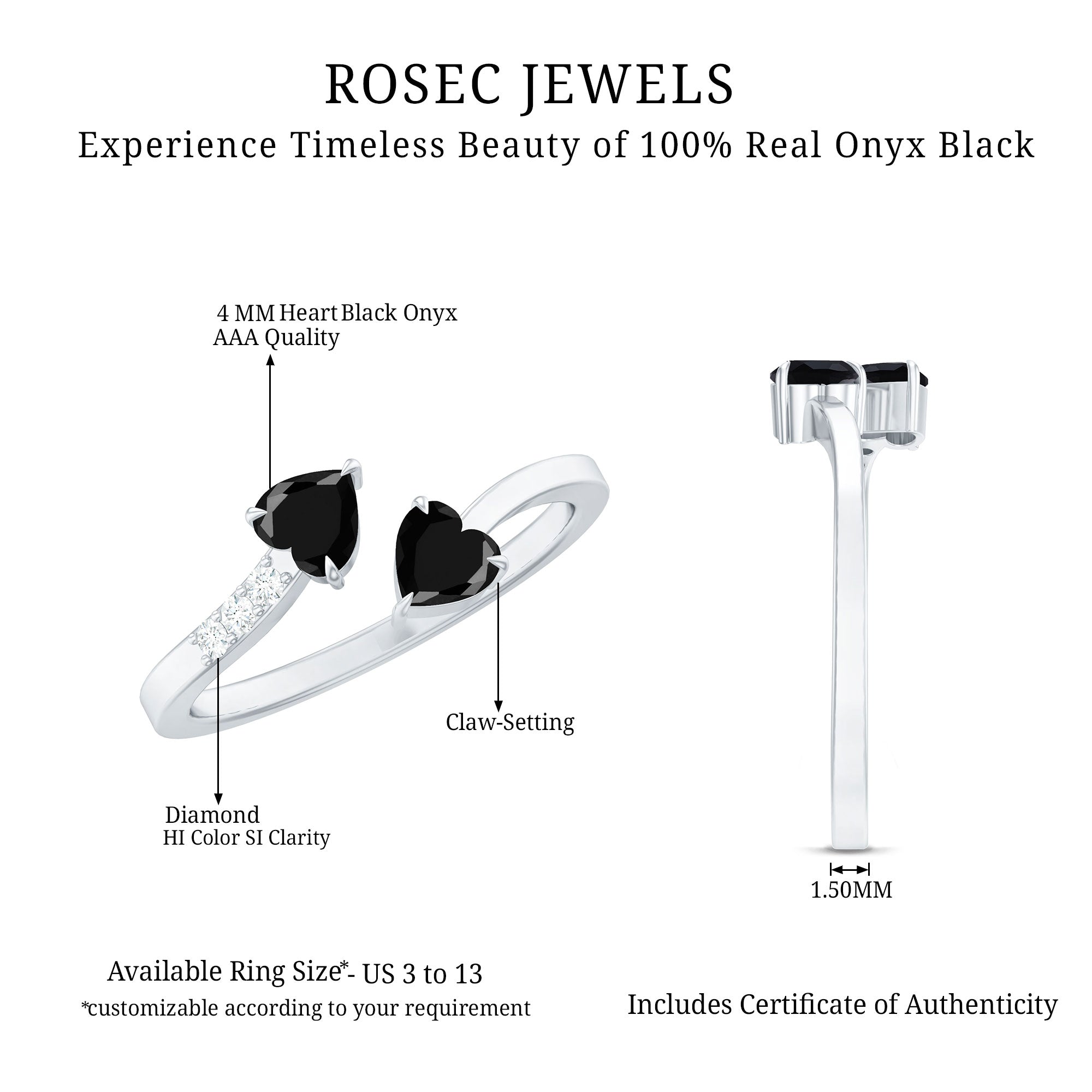 Heart Shape Black Onyx Two Stone Wrap Ring with Diamond AAA - Rosec Jewels