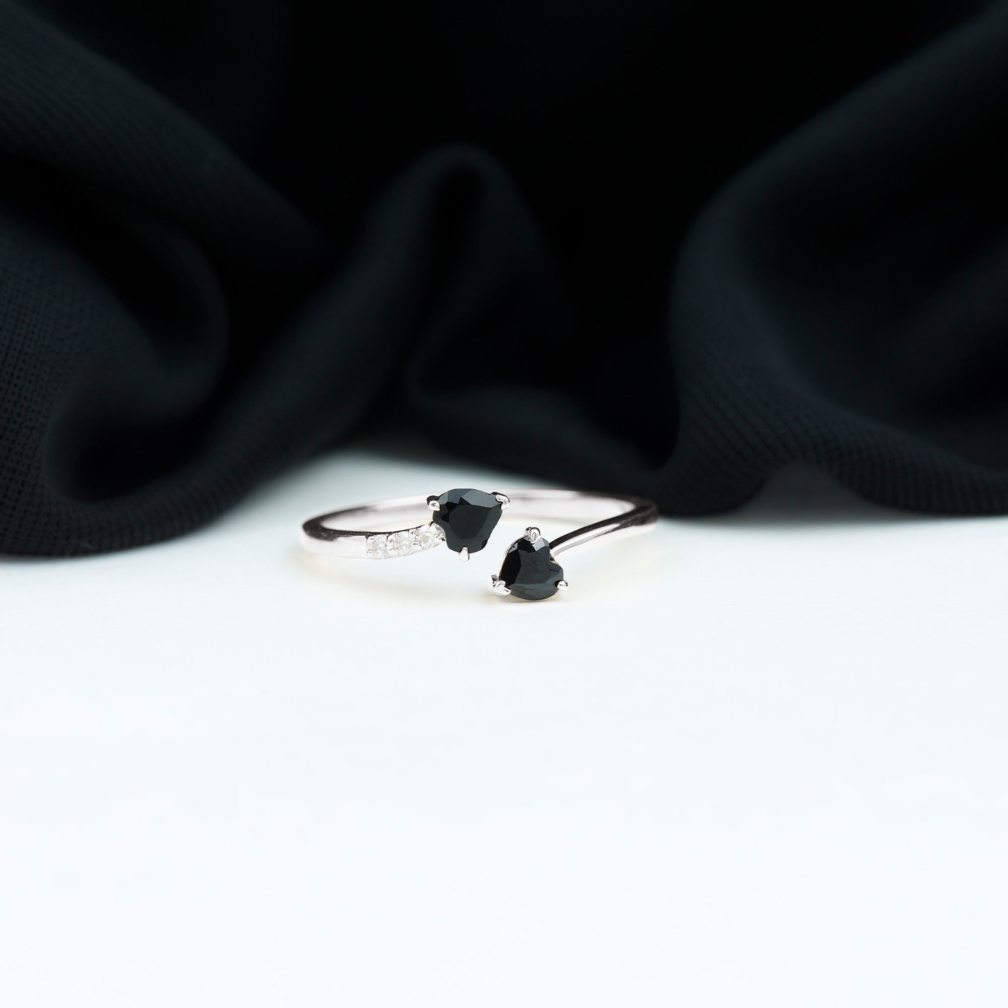 Heart Shape Black Onyx Two Stone Wrap Ring with Diamond AAA - Rosec Jewels
