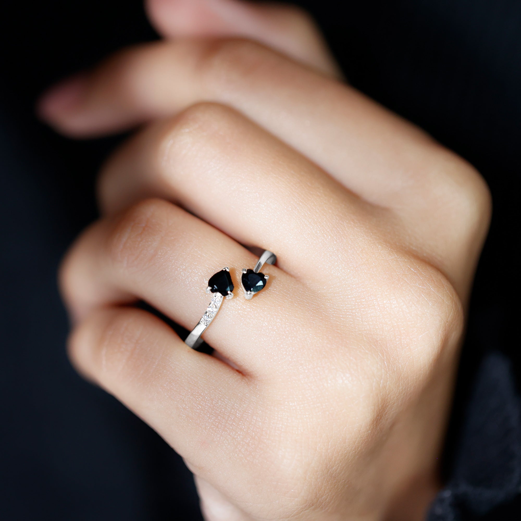 Heart Shape Black Onyx Two Stone Wrap Ring with Diamond AAA - Rosec Jewels