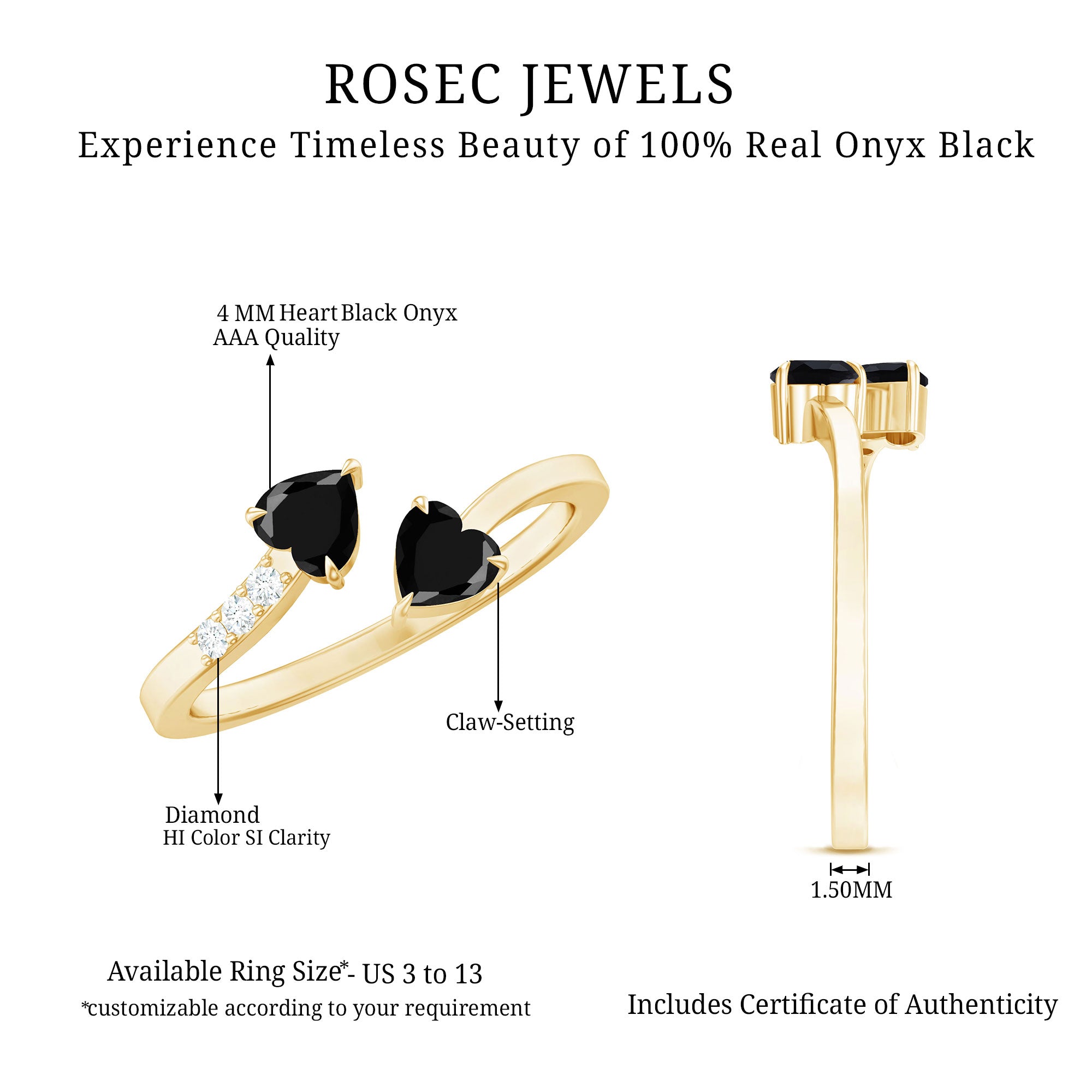 Heart Shape Black Onyx Two Stone Wrap Ring with Diamond AAA - Rosec Jewels