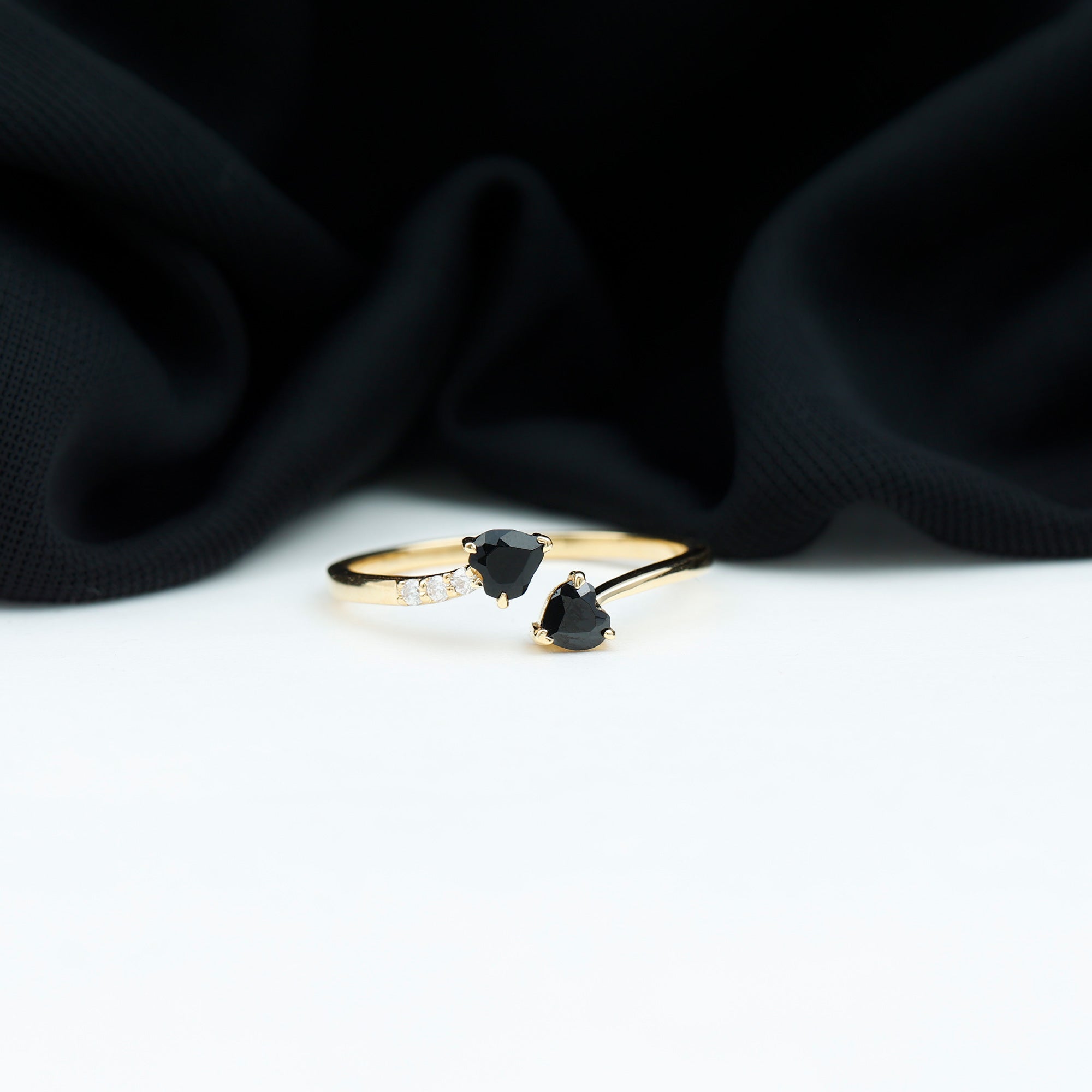 Heart Shape Black Onyx Two Stone Wrap Ring with Diamond AAA - Rosec Jewels
