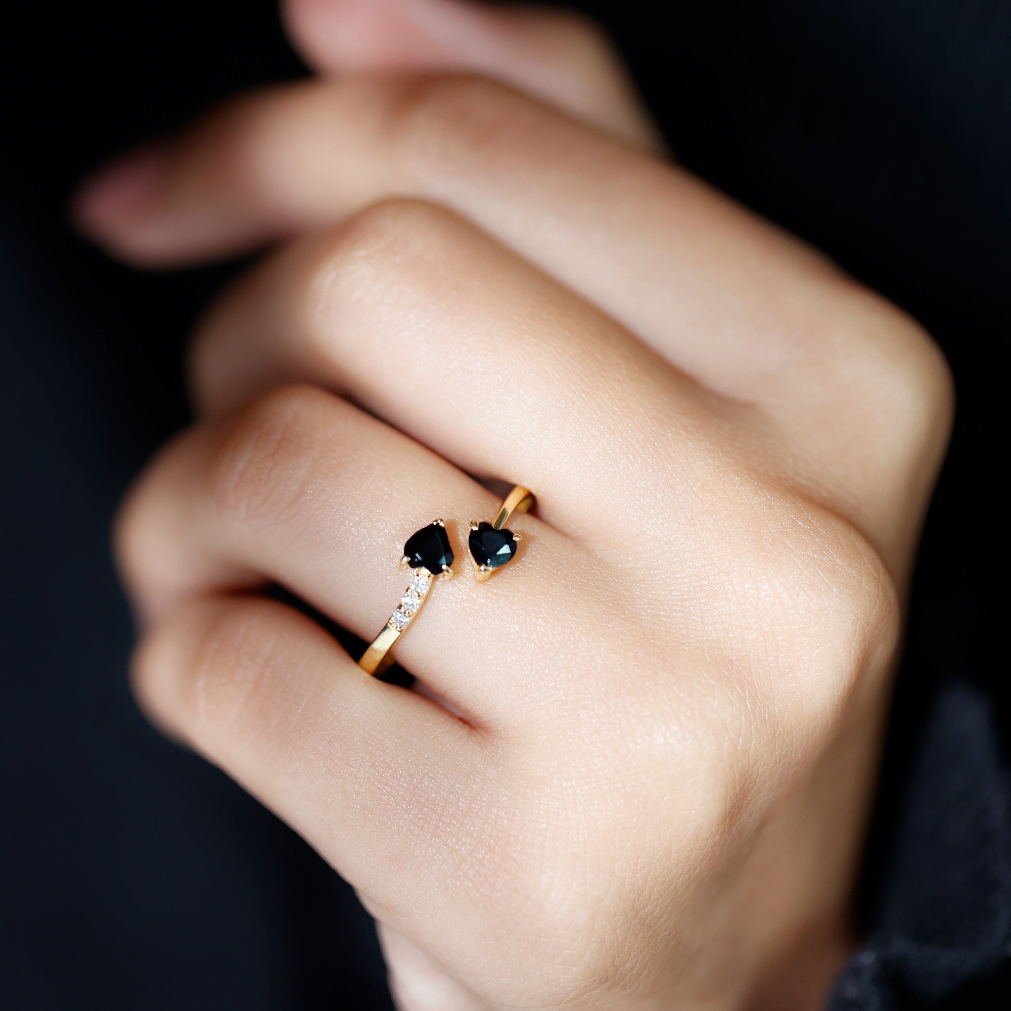 Heart Shape Black Onyx Two Stone Wrap Ring with Diamond AAA - Rosec Jewels