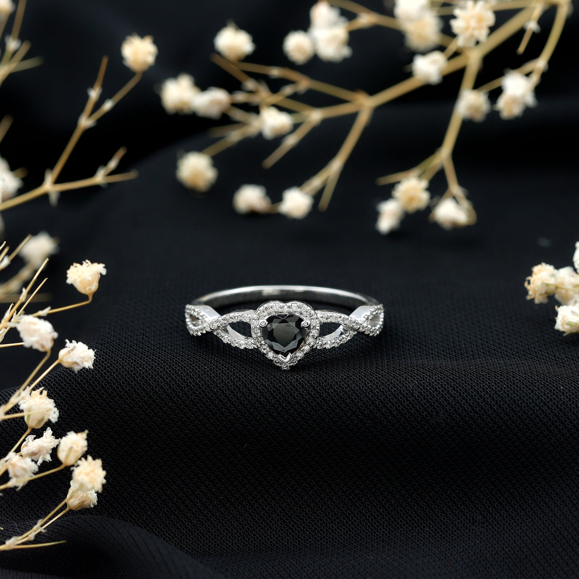 0.6 Carat Lab Grown Black and White Diamond Heart Engagement Ring with Crossover Shank AAAA ( Synthetic ) - Rosec Jewels