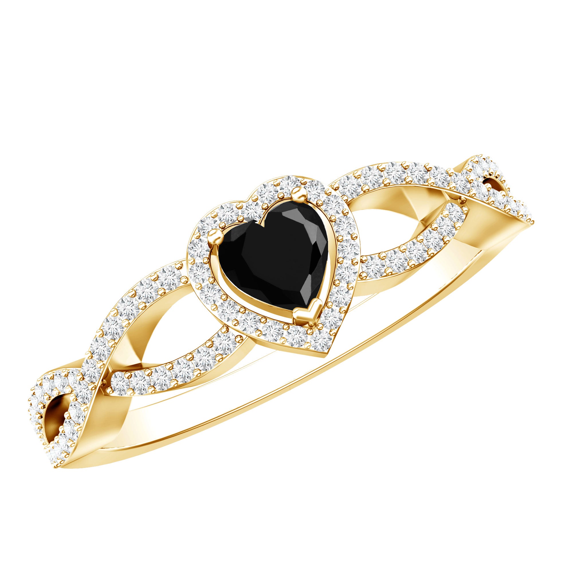 0.6 Carat Lab Grown Black and White Diamond Heart Engagement Ring with Crossover Shank AAAA ( Synthetic ) - Rosec Jewels