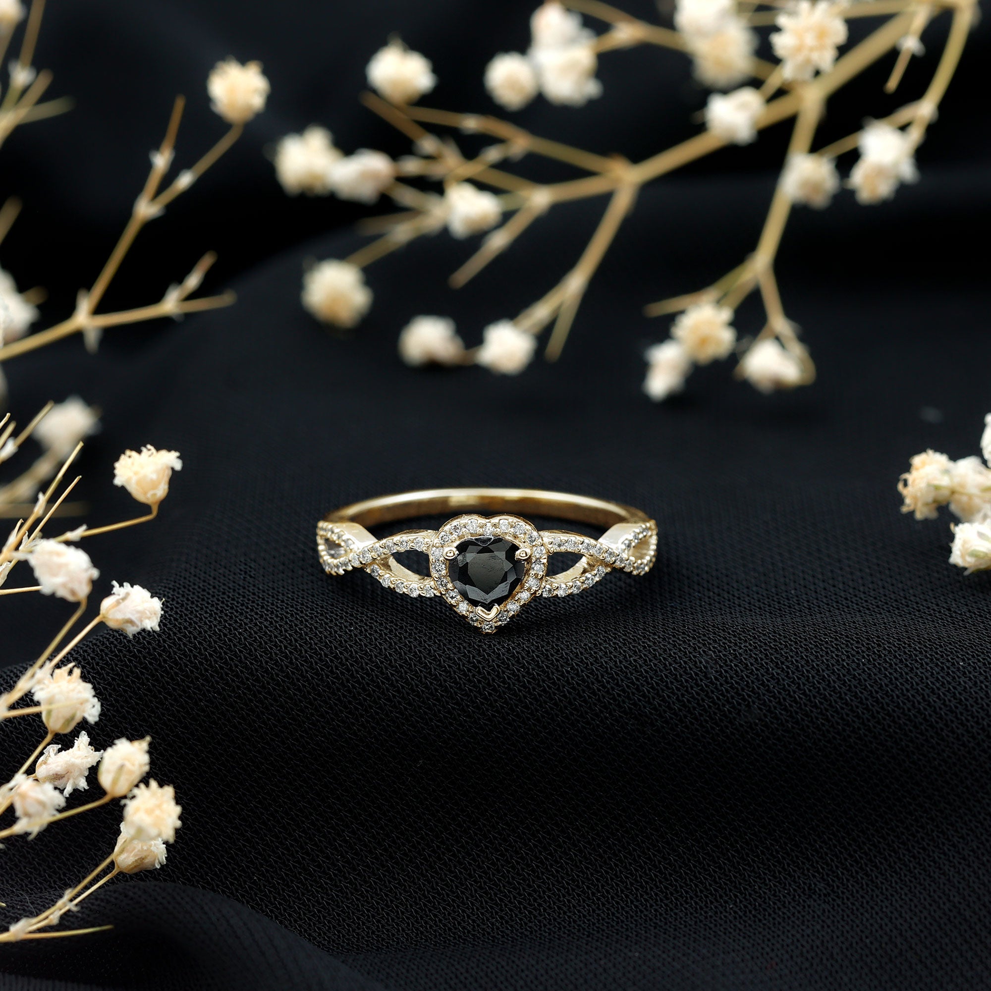 0.6 Carat Lab Grown Black and White Diamond Heart Engagement Ring with Crossover Shank AAAA ( Synthetic ) - Rosec Jewels