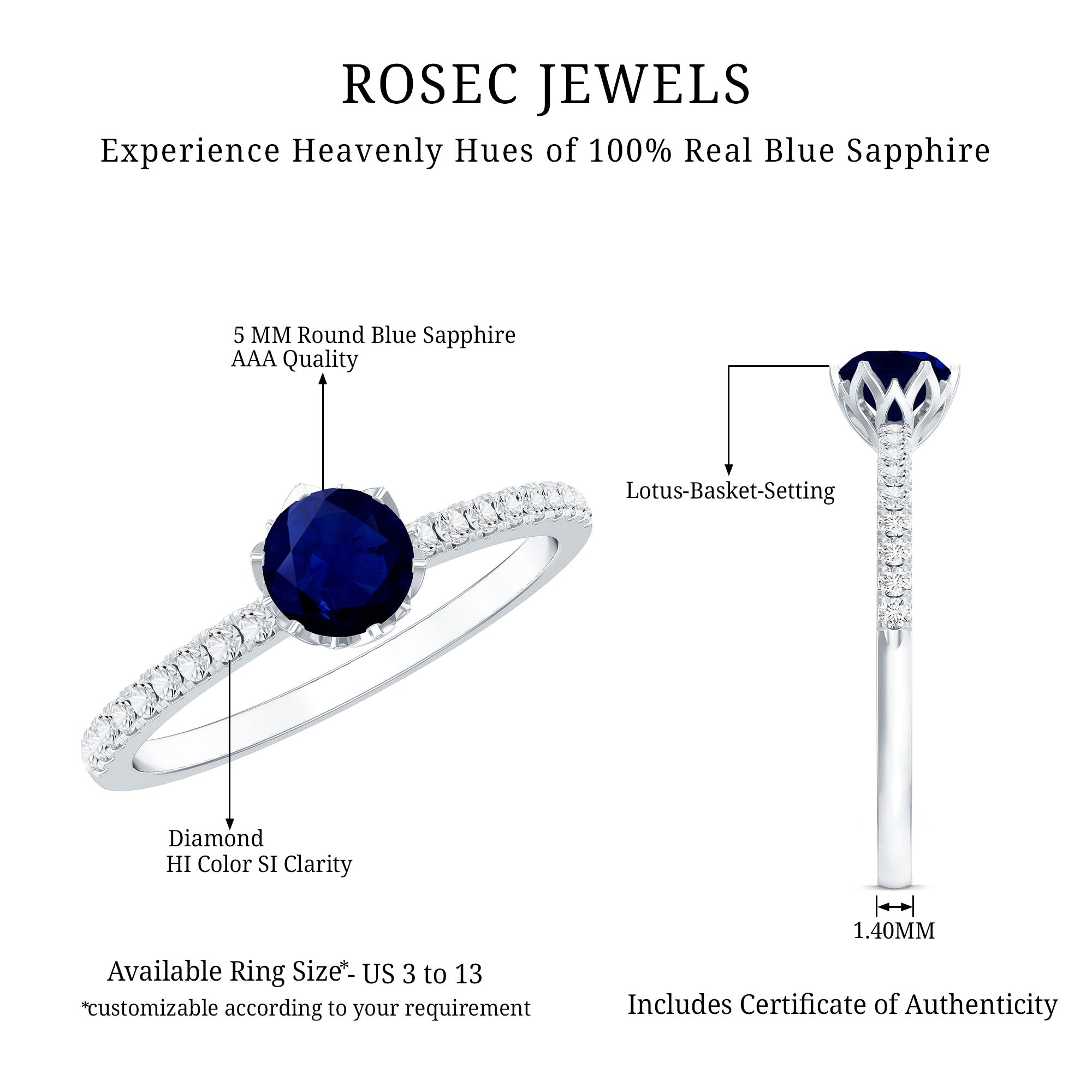 Rosec Jewels-Lotus Basket Set 0.9 Carat Blue Sapphire Solitaire Promise Ring with Diamond