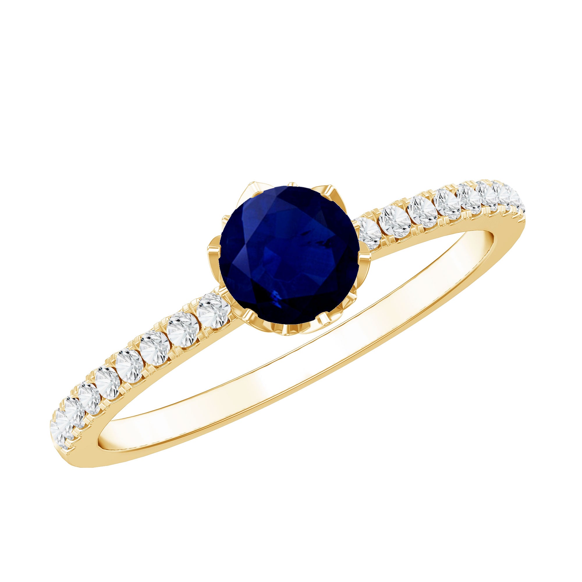 Lotus Basket Set 0.9 Carat Blue Sapphire Solitaire Promise Ring with Diamond AAA - Rosec Jewels