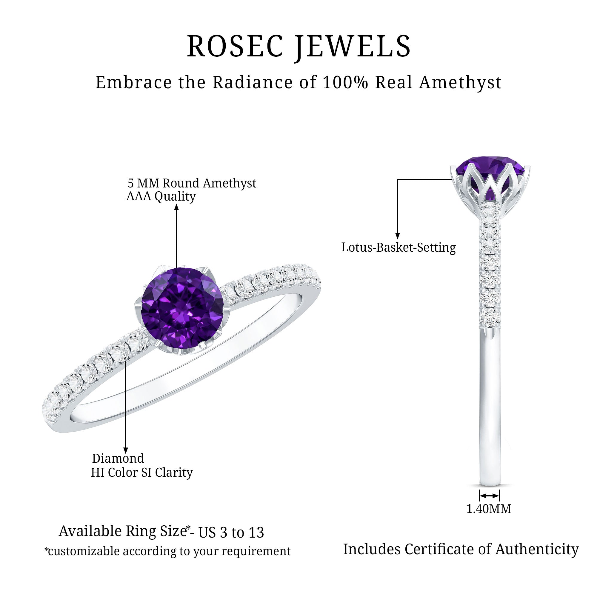 Genuine Amethyst Diamond Promise Ring for Women AAA - Rosec Jewels