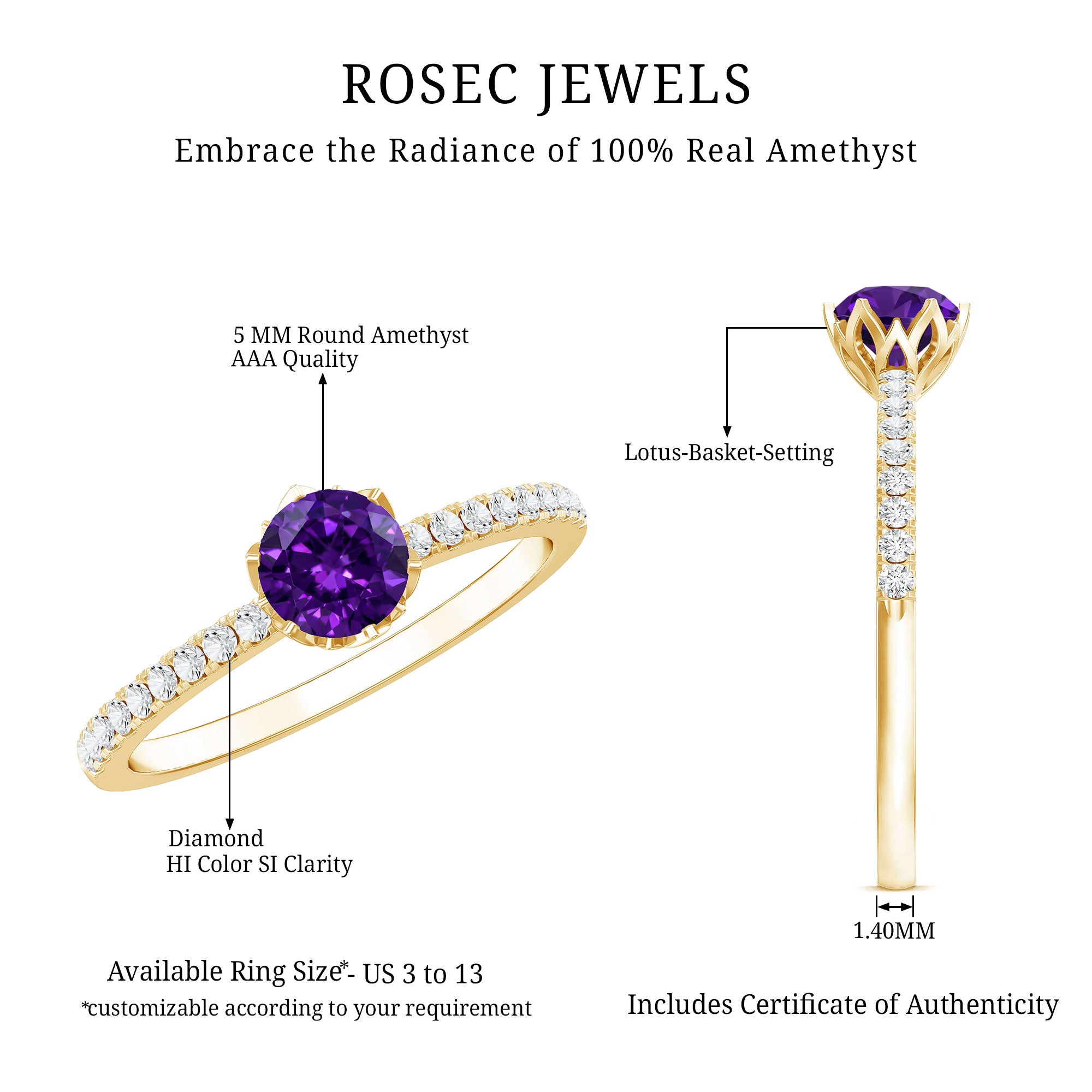 Genuine Amethyst Diamond Promise Ring for Women AAA - Rosec Jewels
