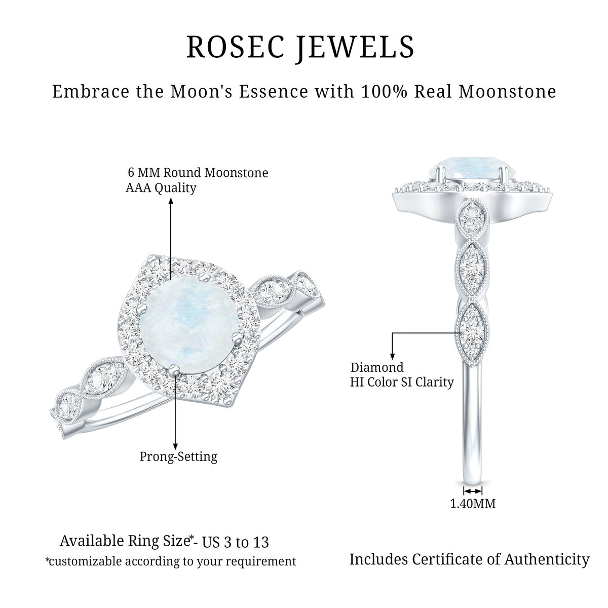 Vintage Style Moonstone Engagement Ring with Diamond Accent AAA - Rosec Jewels