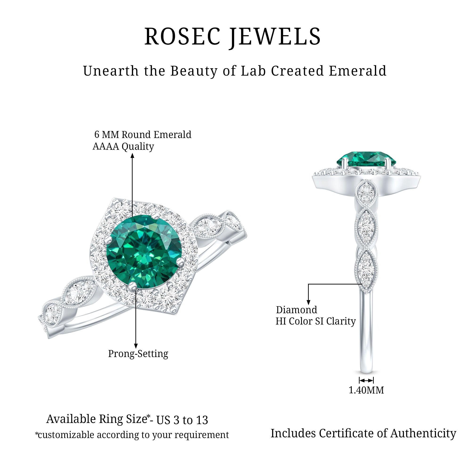 Lab Created Emerald Vintage Style Engagement Ring With Diamonds AAAA - Rosec Jewels