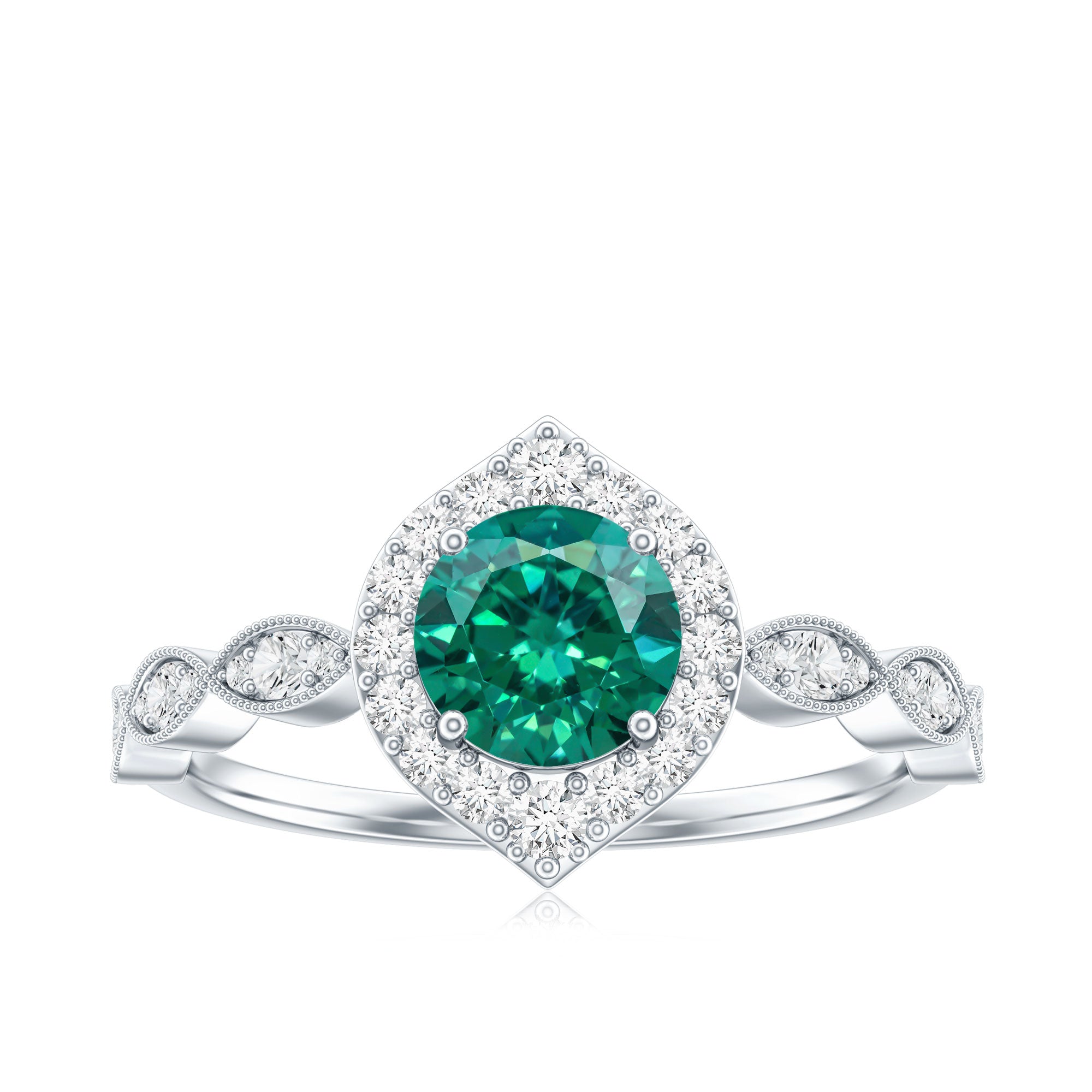 Lab Created Emerald Vintage Style Engagement Ring With Diamonds AAAA - Rosec Jewels