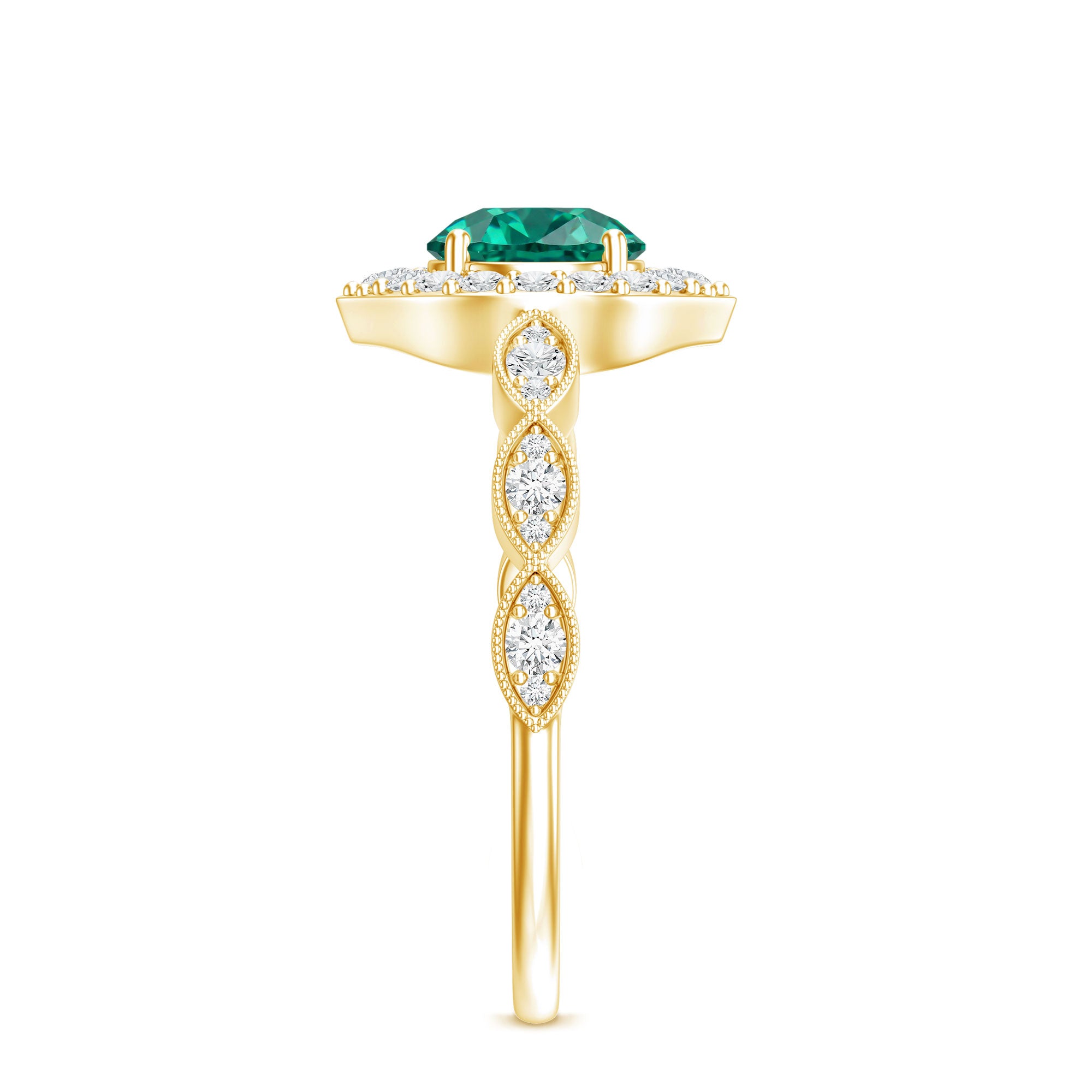 Lab Created Emerald Vintage Style Engagement Ring With Diamonds AAAA - Rosec Jewels