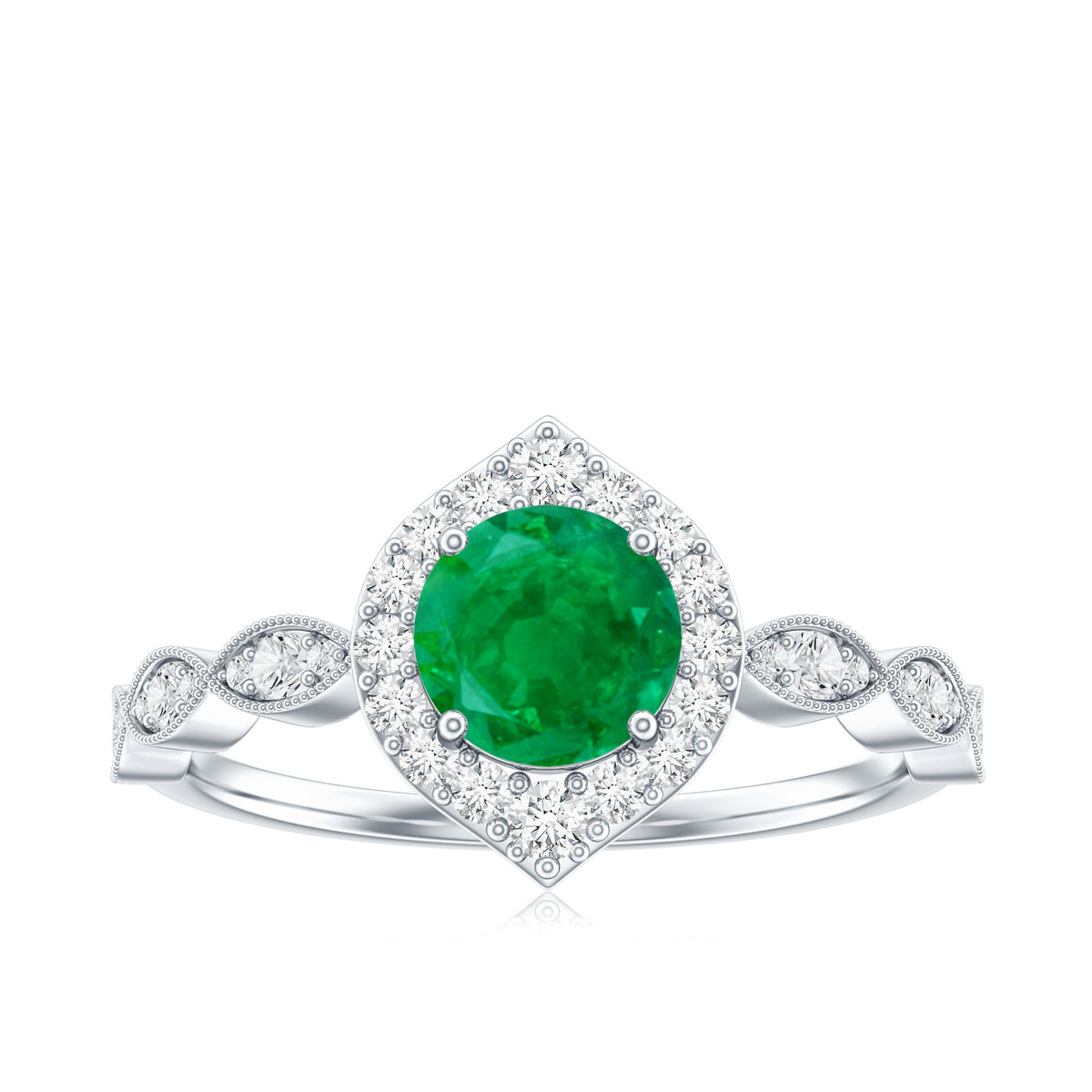 Natural Emerald Vintage Looking Engagement Ring with Diamond Halo AAA - Rosec Jewels