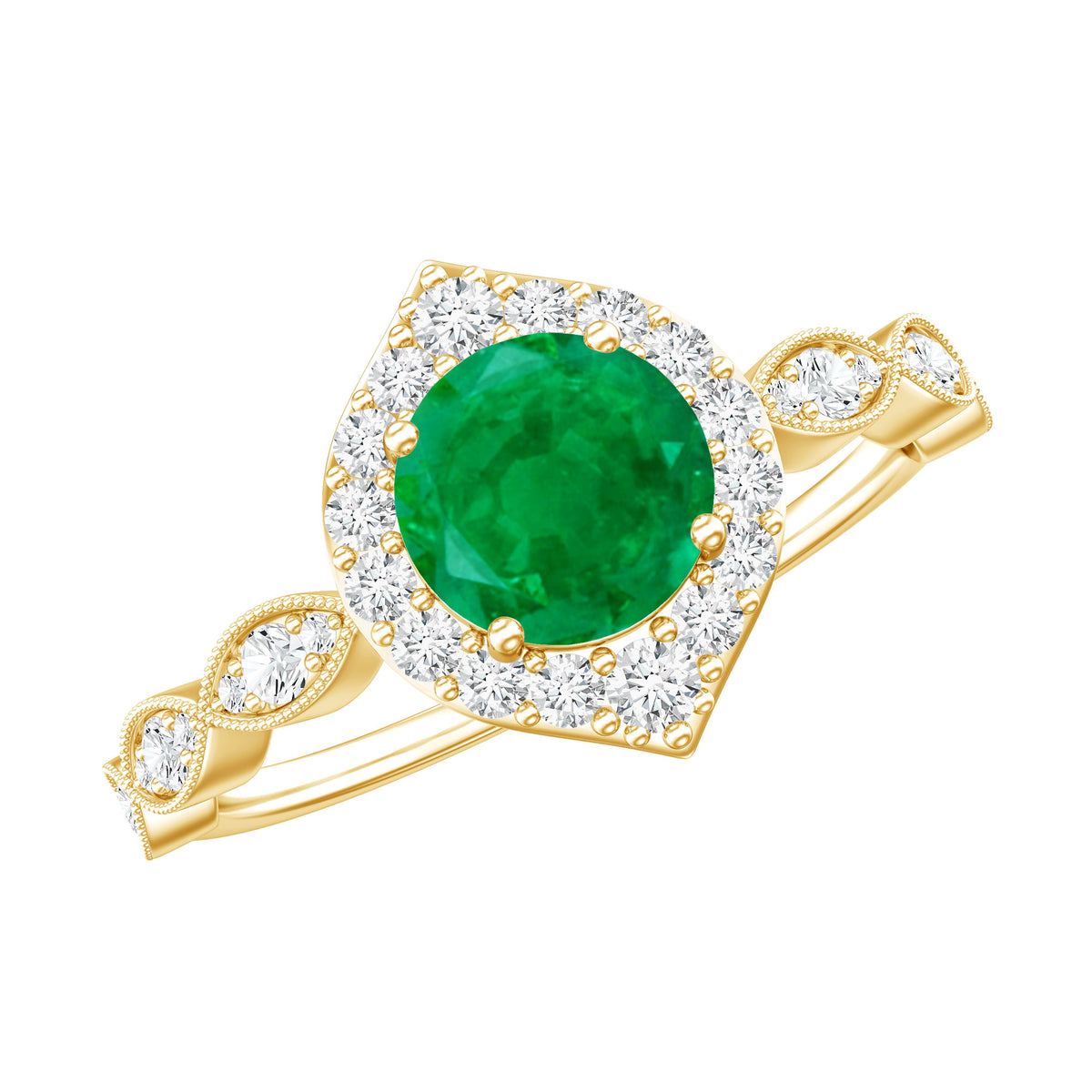 Natural Emerald Vintage Looking Engagement Ring with Diamond Halo AAA - Rosec Jewels