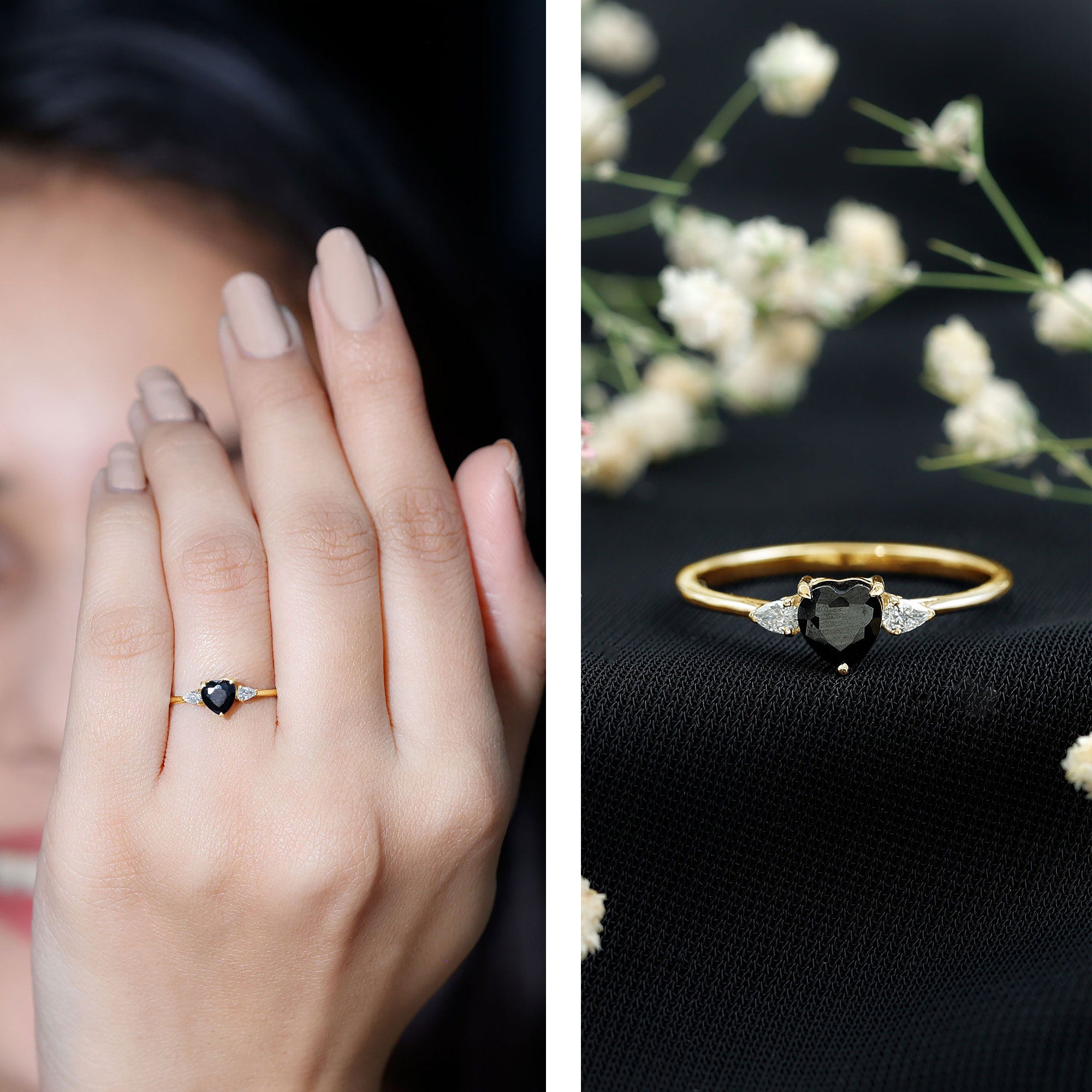 Certified Lab Grown Black Diamond Heart Promise Ring with White Diamond AAAA ( Synthetic ) - Rosec Jewels