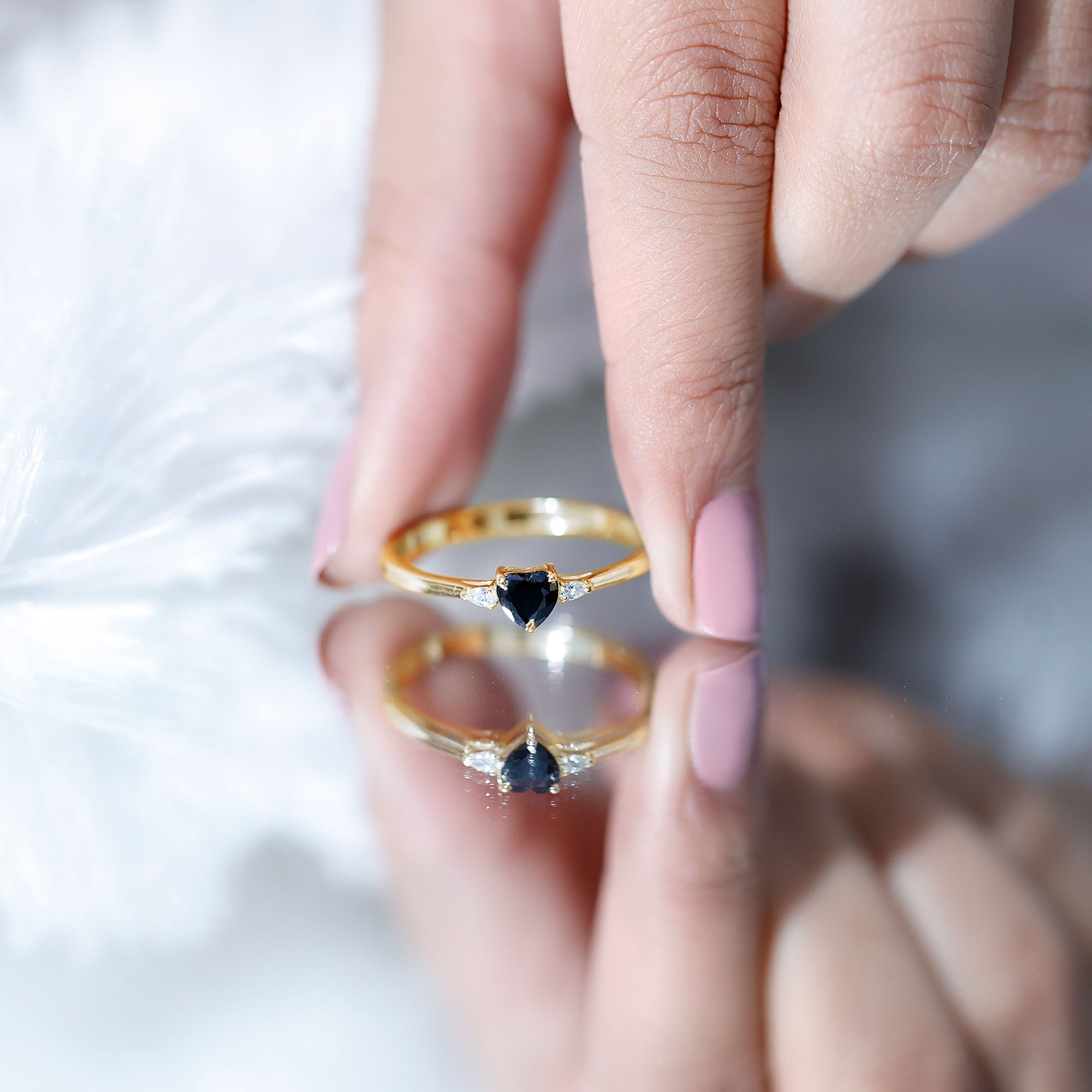Certified Lab Grown Black Diamond Heart Promise Ring with White Diamond AAAA ( Synthetic ) - Rosec Jewels
