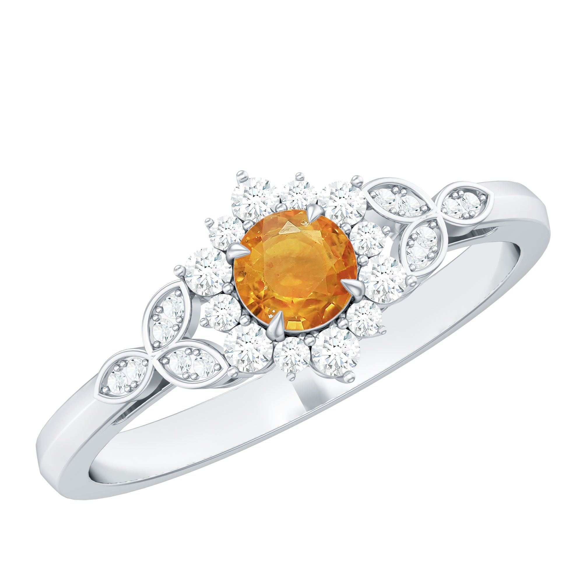 Orange Sapphire Flower Engagement Ring with Diamond Halo