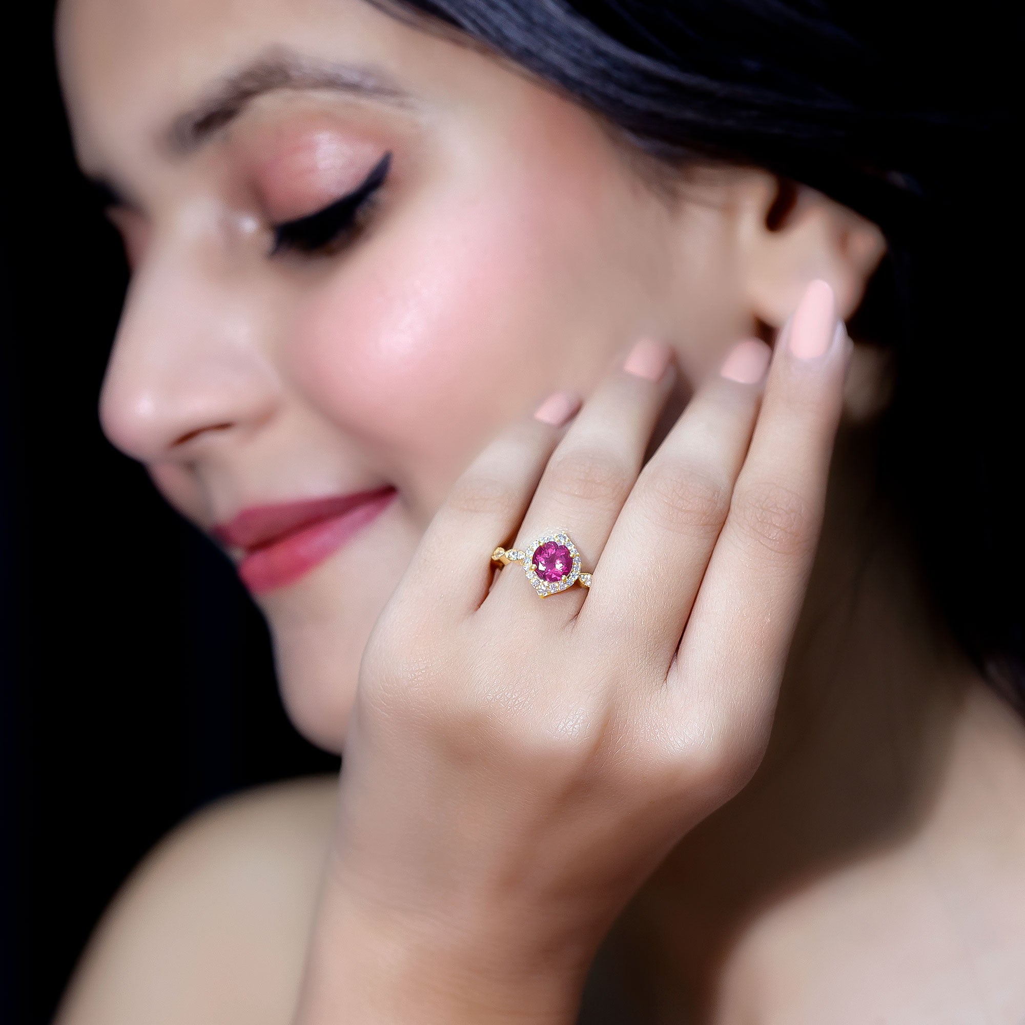 Genuine Pink Tourmaline Vintage Engagement Ring with Diamond AAA - Rosec Jewels