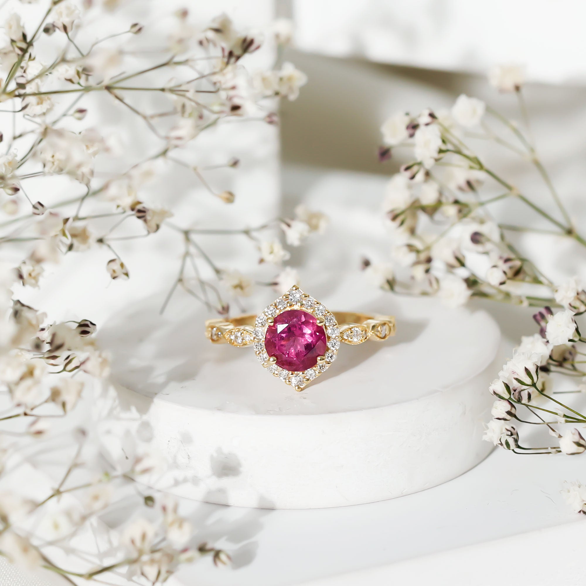 Genuine Pink Tourmaline Vintage Engagement Ring with Diamond AAA - Rosec Jewels