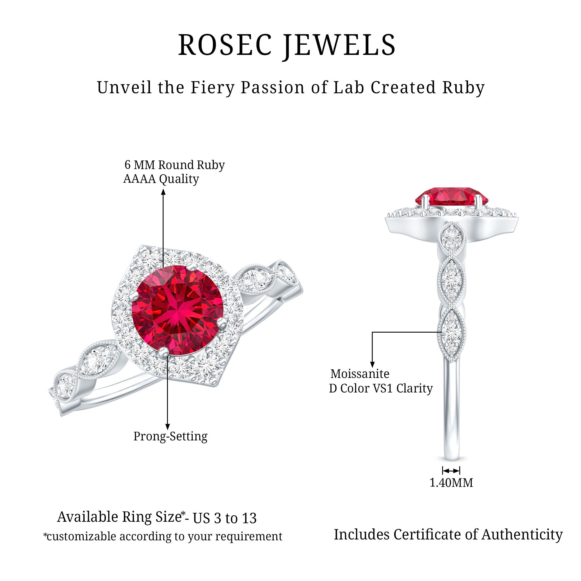 Rosec Jewels-Vintage Style 1.3 Carat Lab Grown Ruby Engagement Ring with Diamond