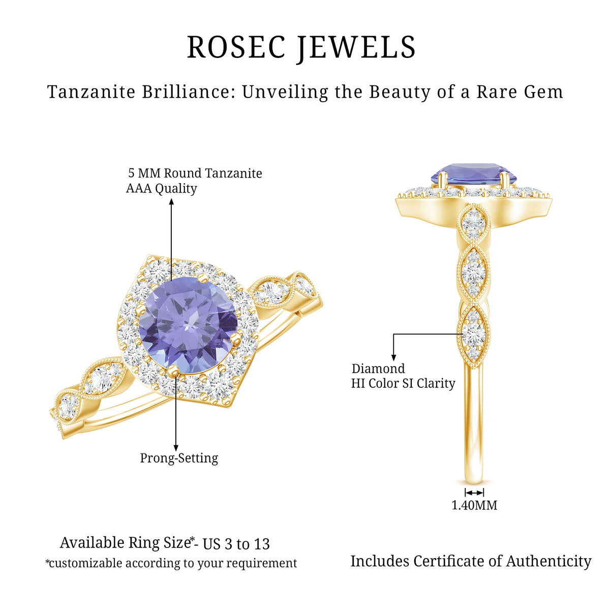 Real 0.54 Carat Tanzanite Vintage Engagement Ring with Diamond AAA - Rosec Jewels