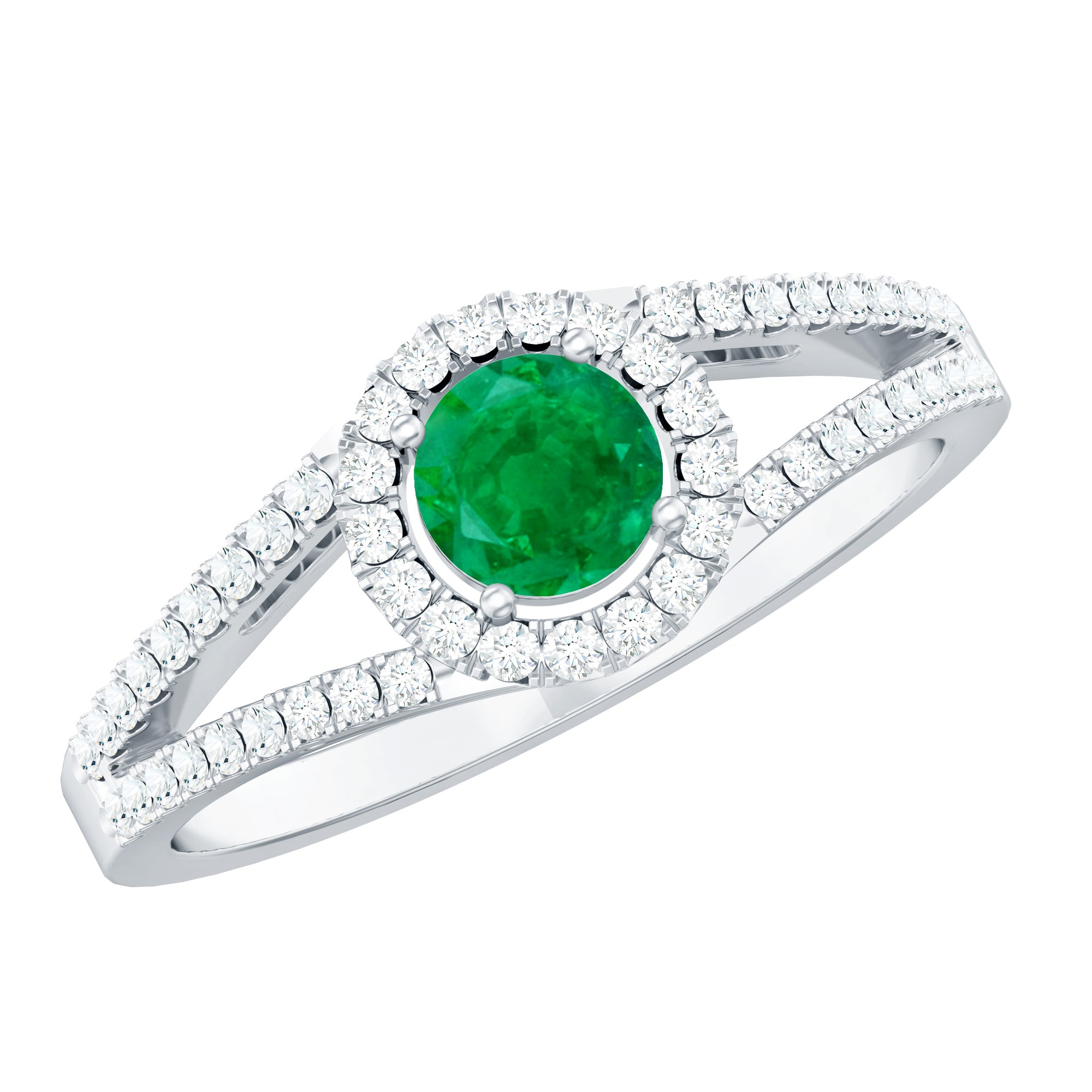 Classic Emerald Split Shank Engagement Ring with Diamond Halo