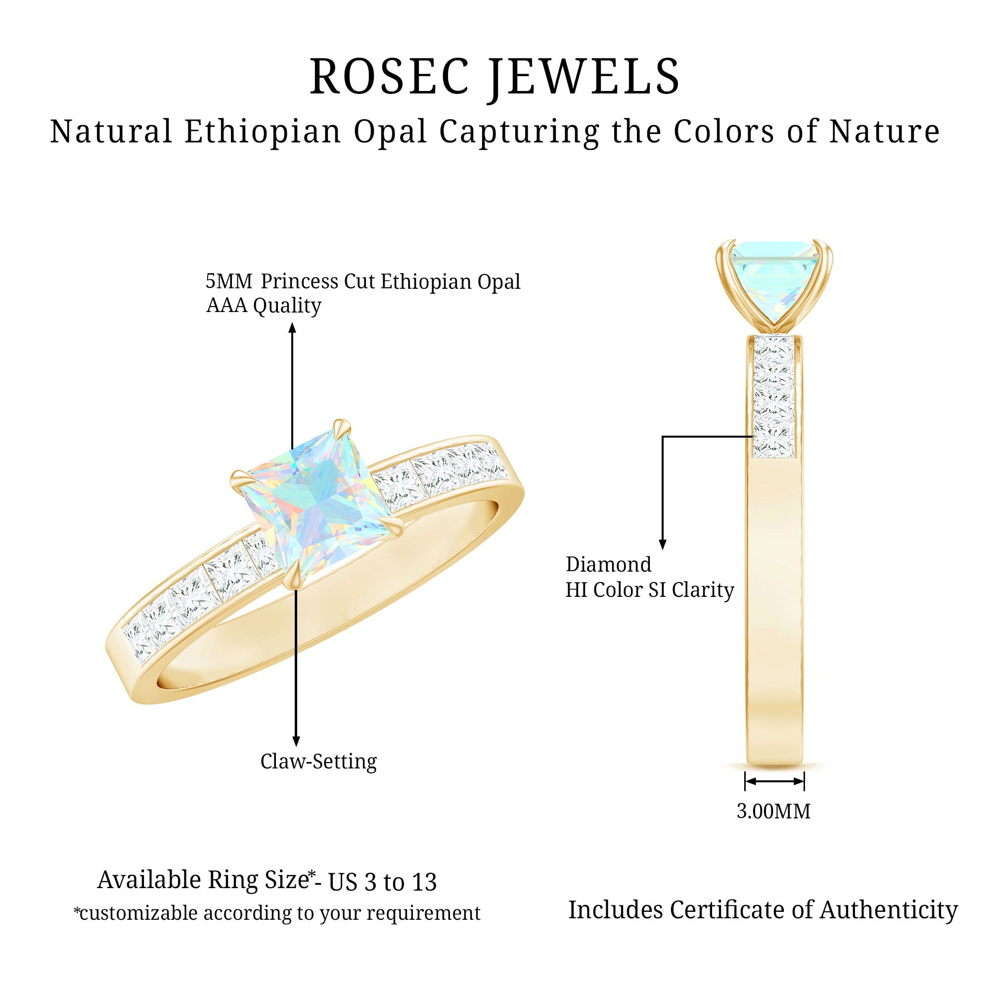 Certified Real Ethiopian Opal Princess Cut Engagement Ring with Diamond AAA - Rosec Jewels
