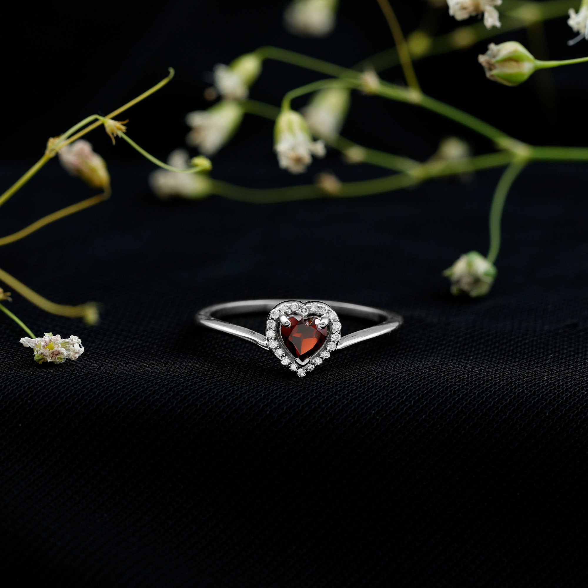 Certified Real Garnet Heart Promise Ring with Diamond Halo AAA - Rosec Jewels