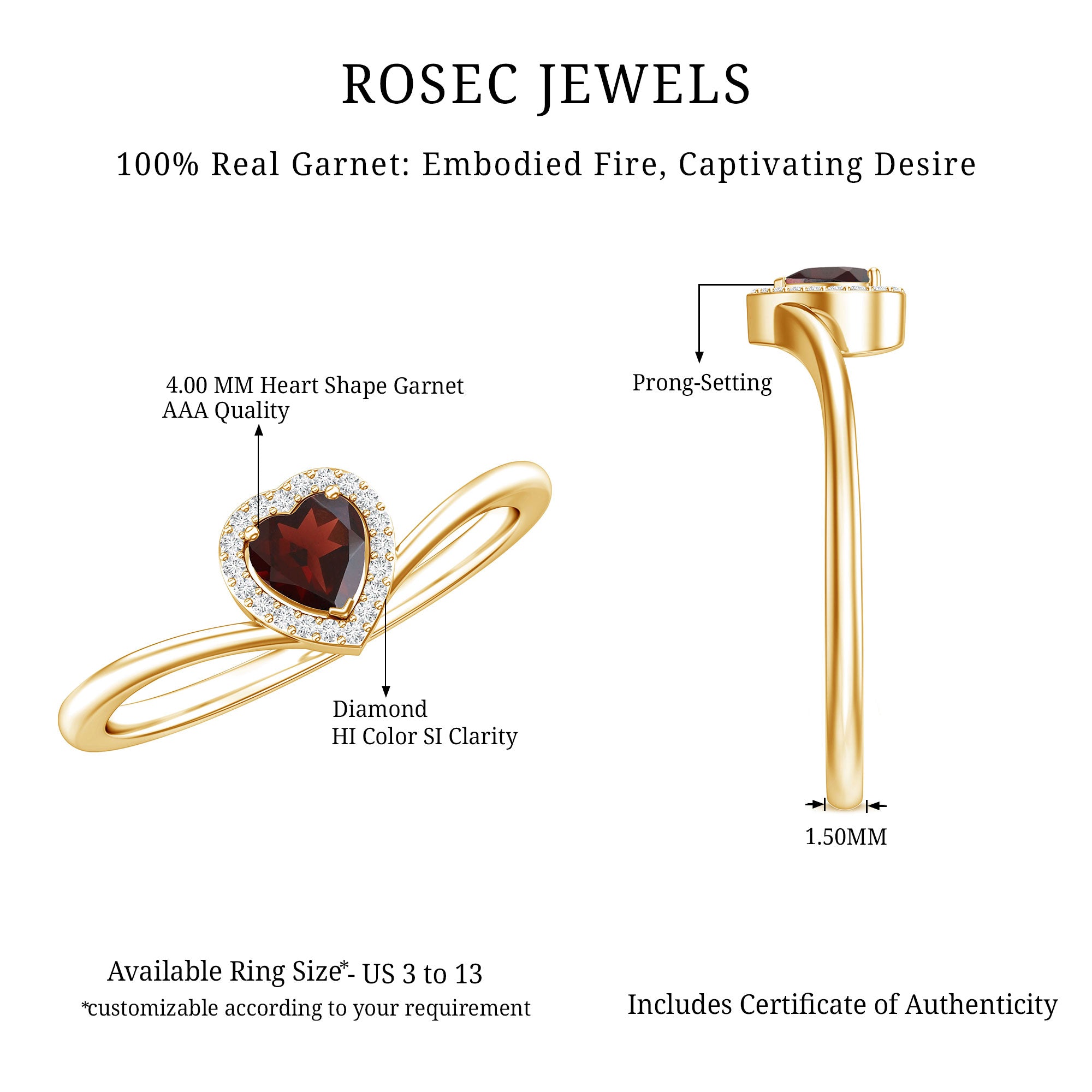 Certified Real Garnet Heart Promise Ring with Diamond Halo AAA - Rosec Jewels