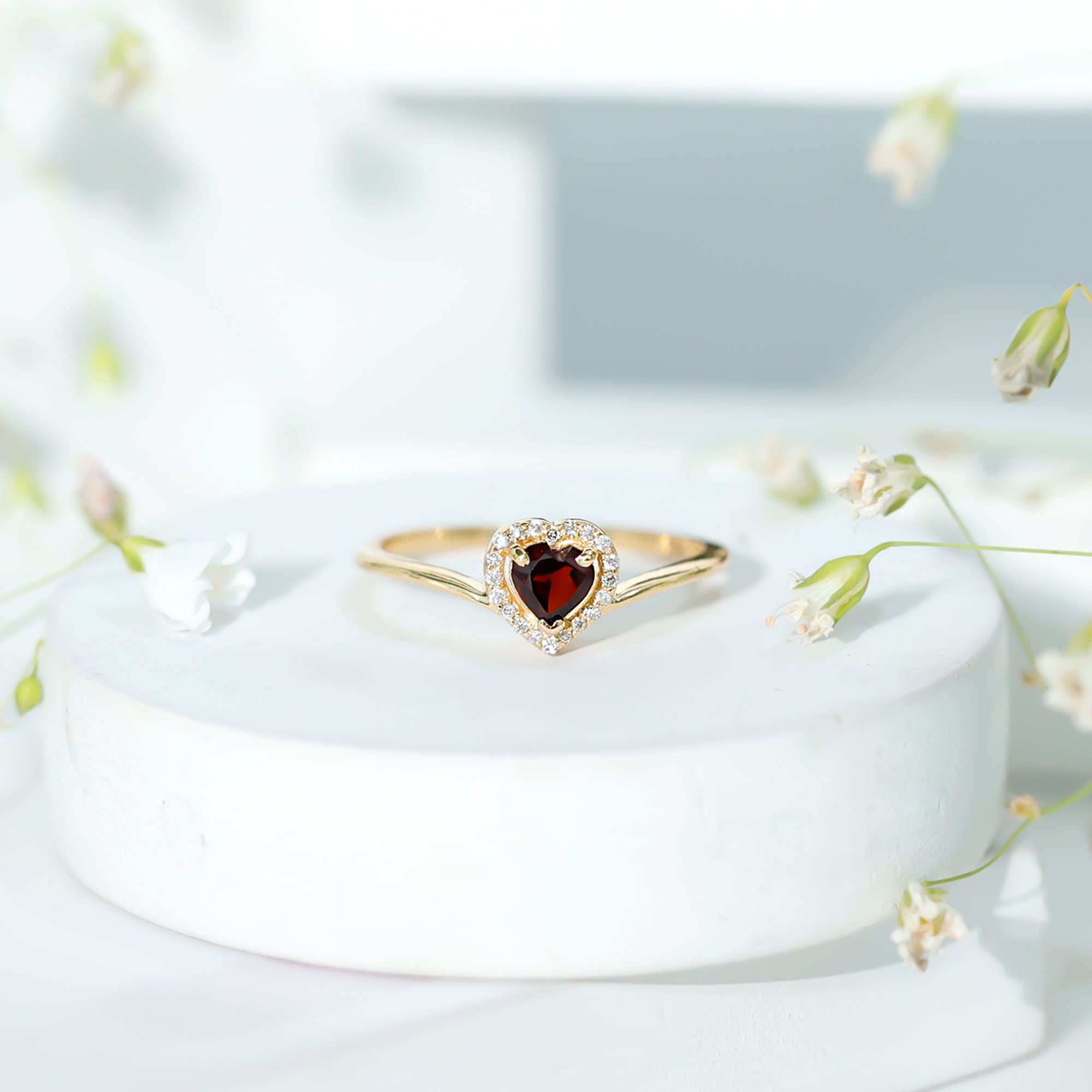 Certified Real Garnet Heart Promise Ring with Diamond Halo AAA - Rosec Jewels