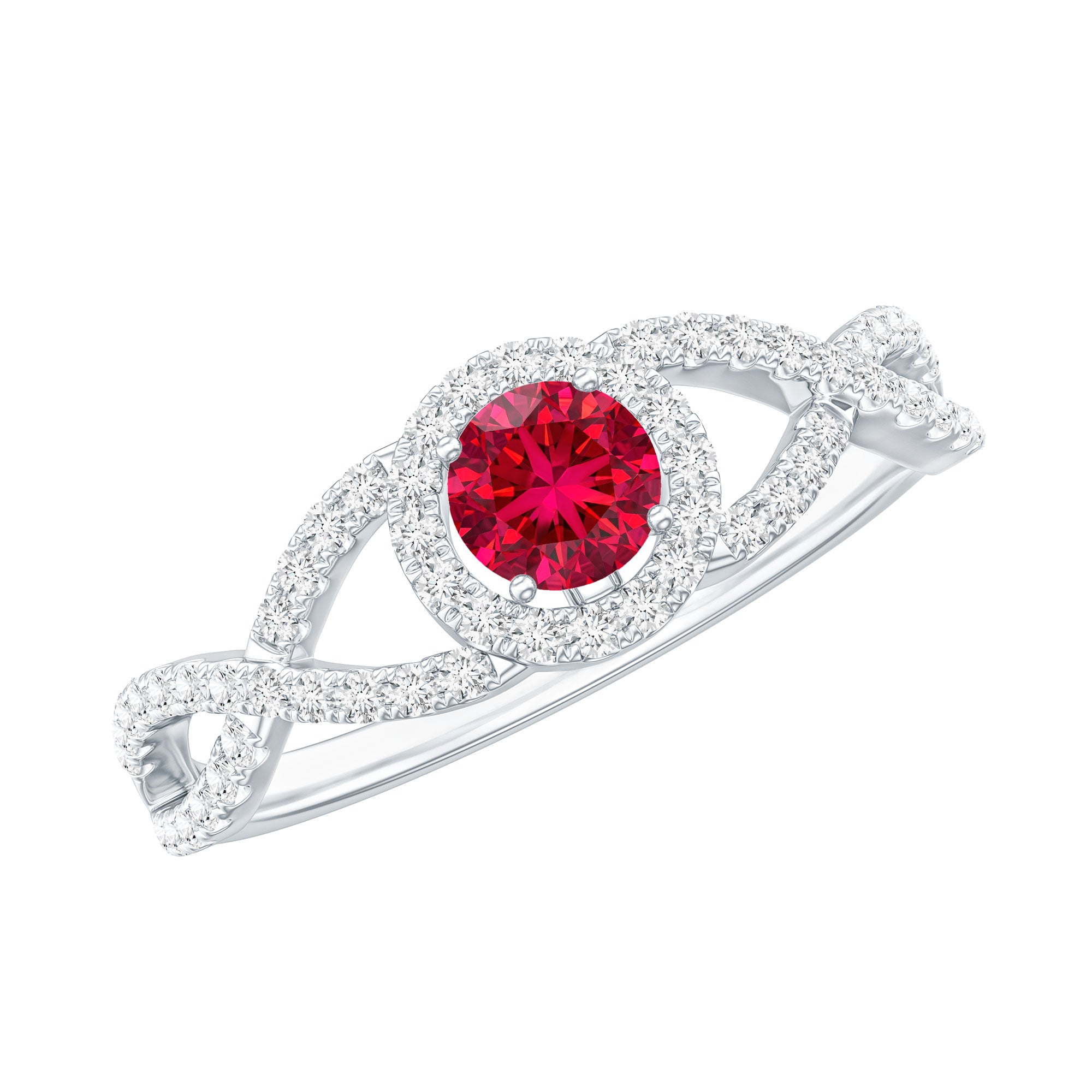 Criss Cross Shank Created Ruby and Diamond Halo Engagement Ring AAAA - Rosec Jewels
