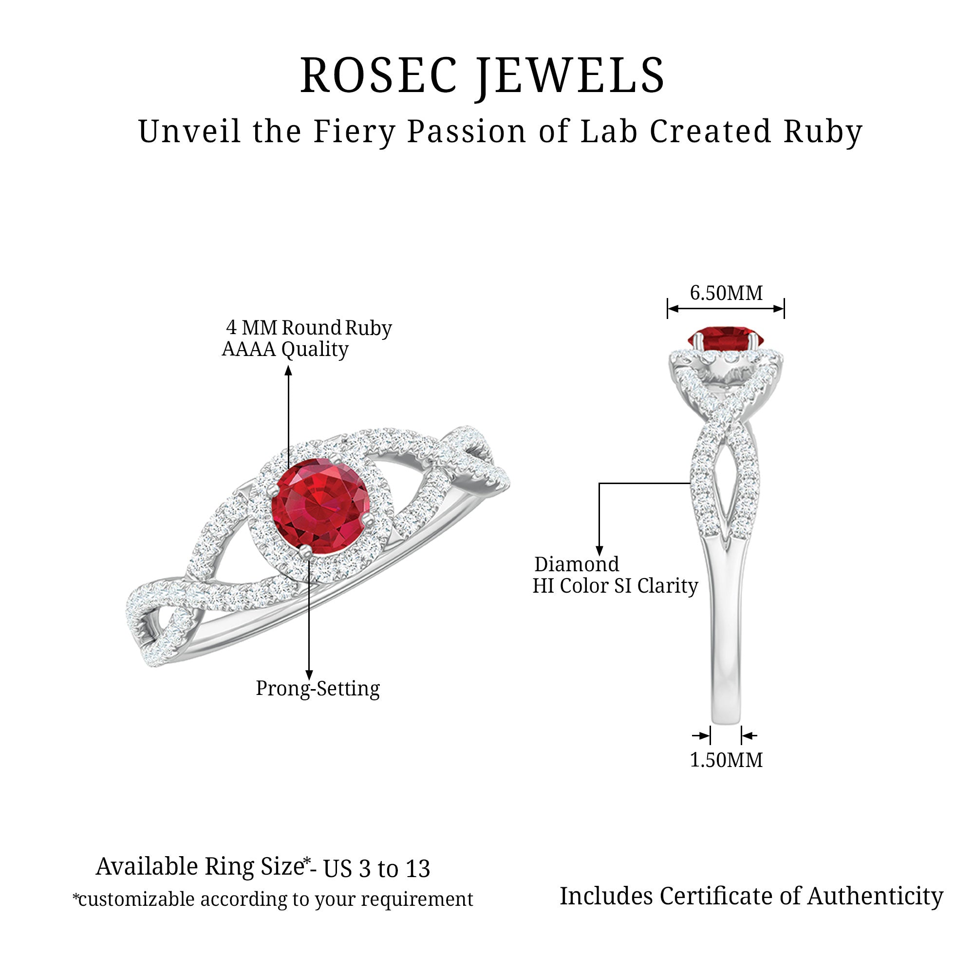 Criss Cross Shank Created Ruby and Diamond Halo Engagement Ring AAAA - Rosec Jewels