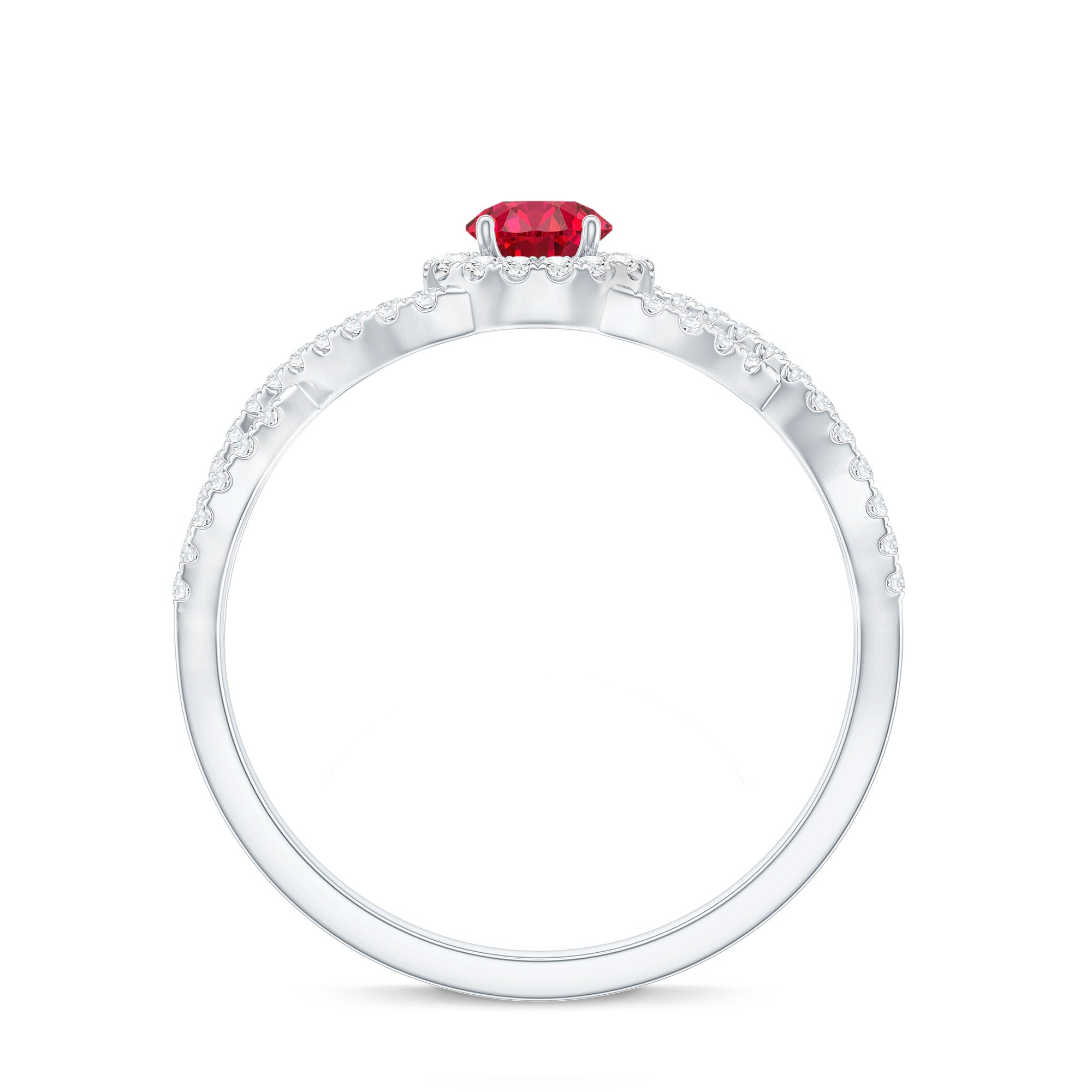 Criss Cross Shank Created Ruby and Diamond Halo Engagement Ring AAAA - Rosec Jewels