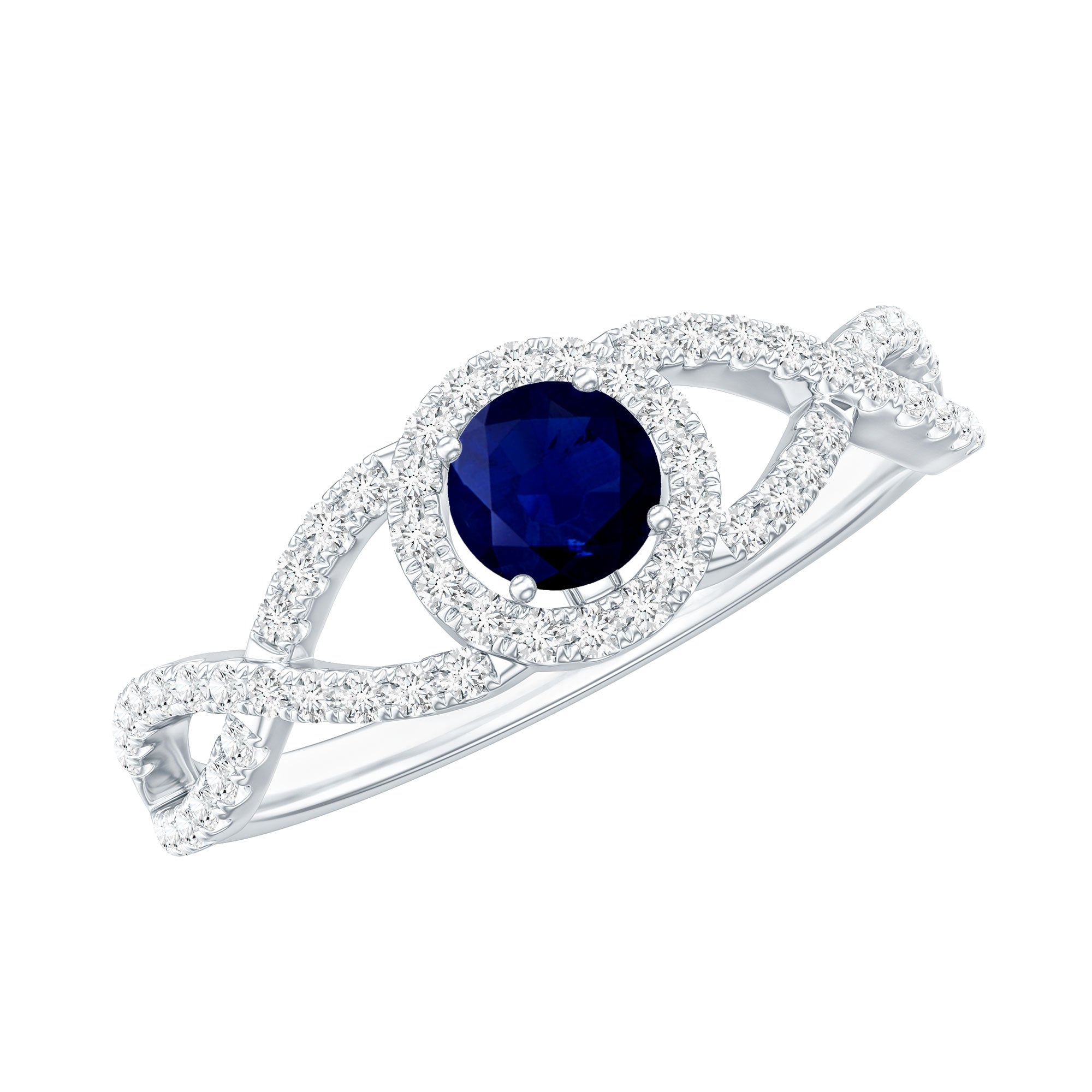 Criss Cross Shank Blue Sapphire and Diamond Halo Engagement Ring AAA - Rosec Jewels