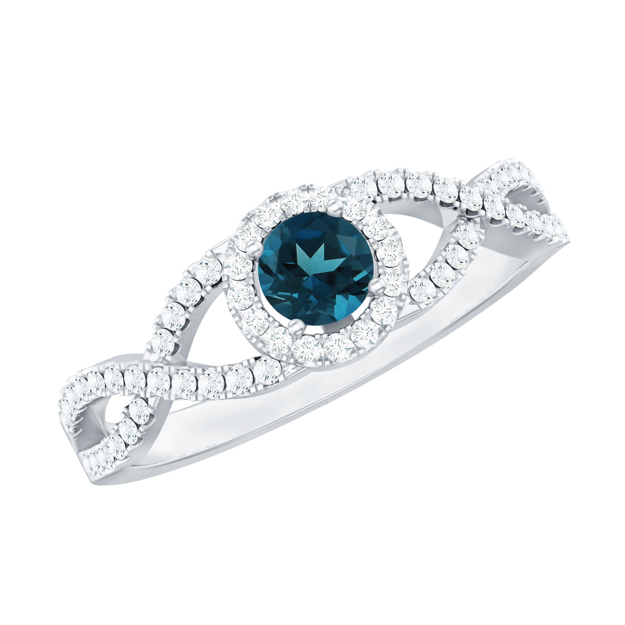 London Blue Topaz Crossover Engagement Ring with Diamond Halo