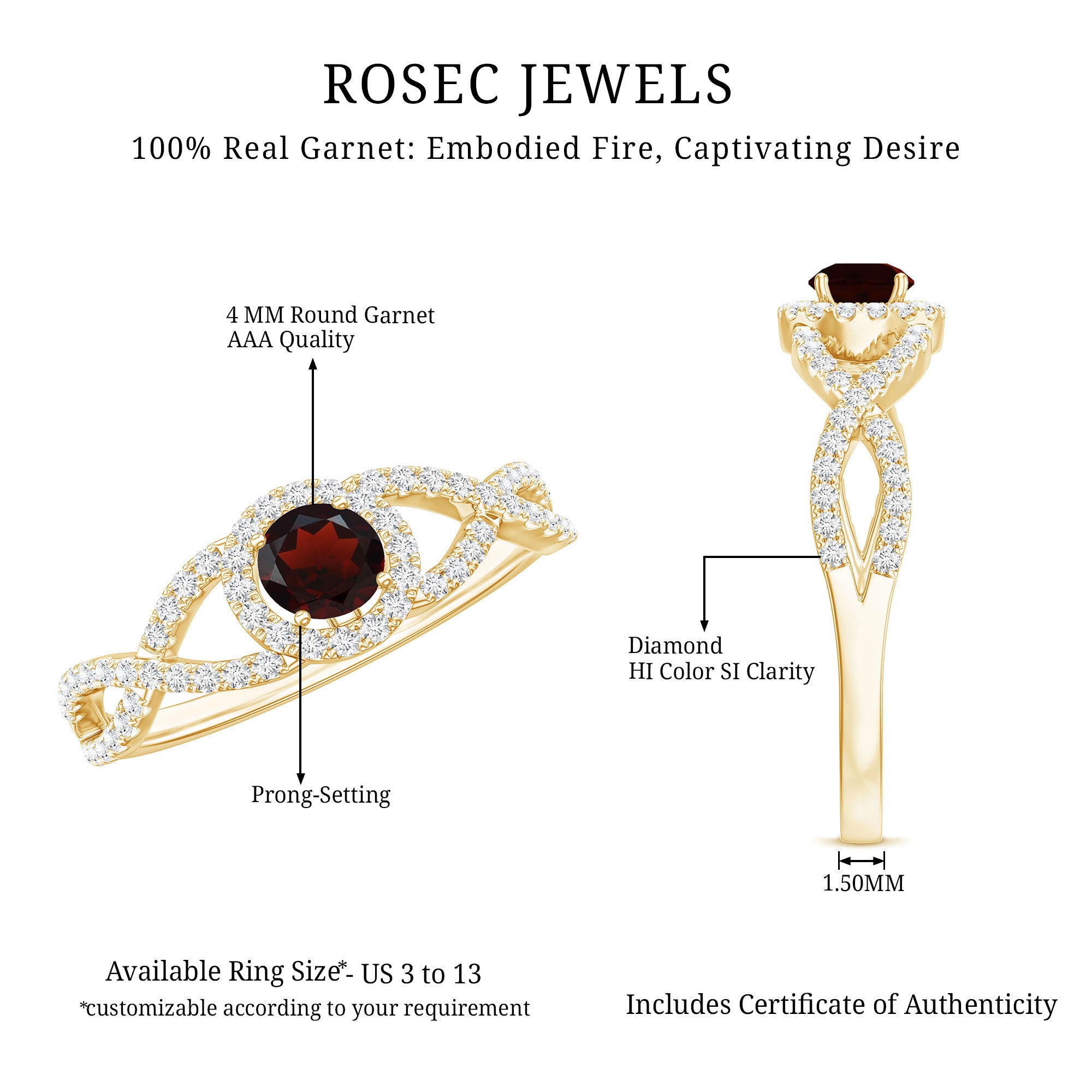 Natural Garnet Engagement Ring with Diamond Criss Cross Shank AAA - Rosec Jewels