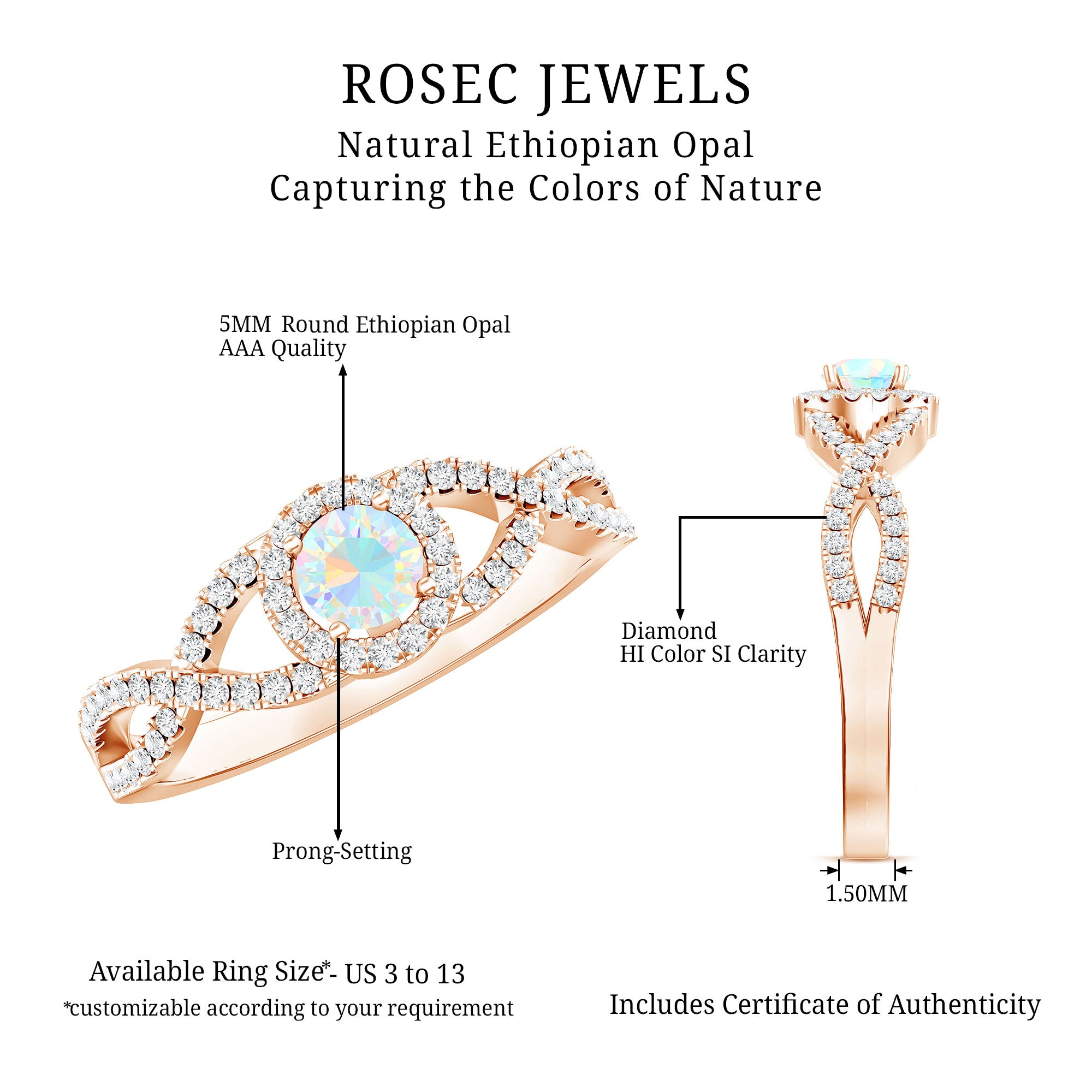 Natural Ethiopian Opal Diamond Engagement Ring with Criss Cross Shank AAA - Rosec Jewels
